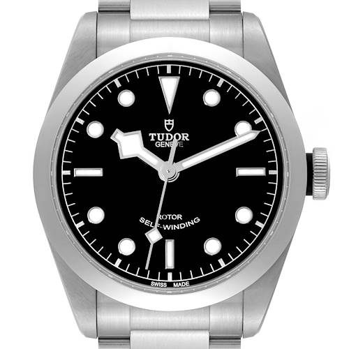 This is a front view of the Tudor Heritage Black Bay watch, showcasing the face, hands, crown, and part of the bracelet.