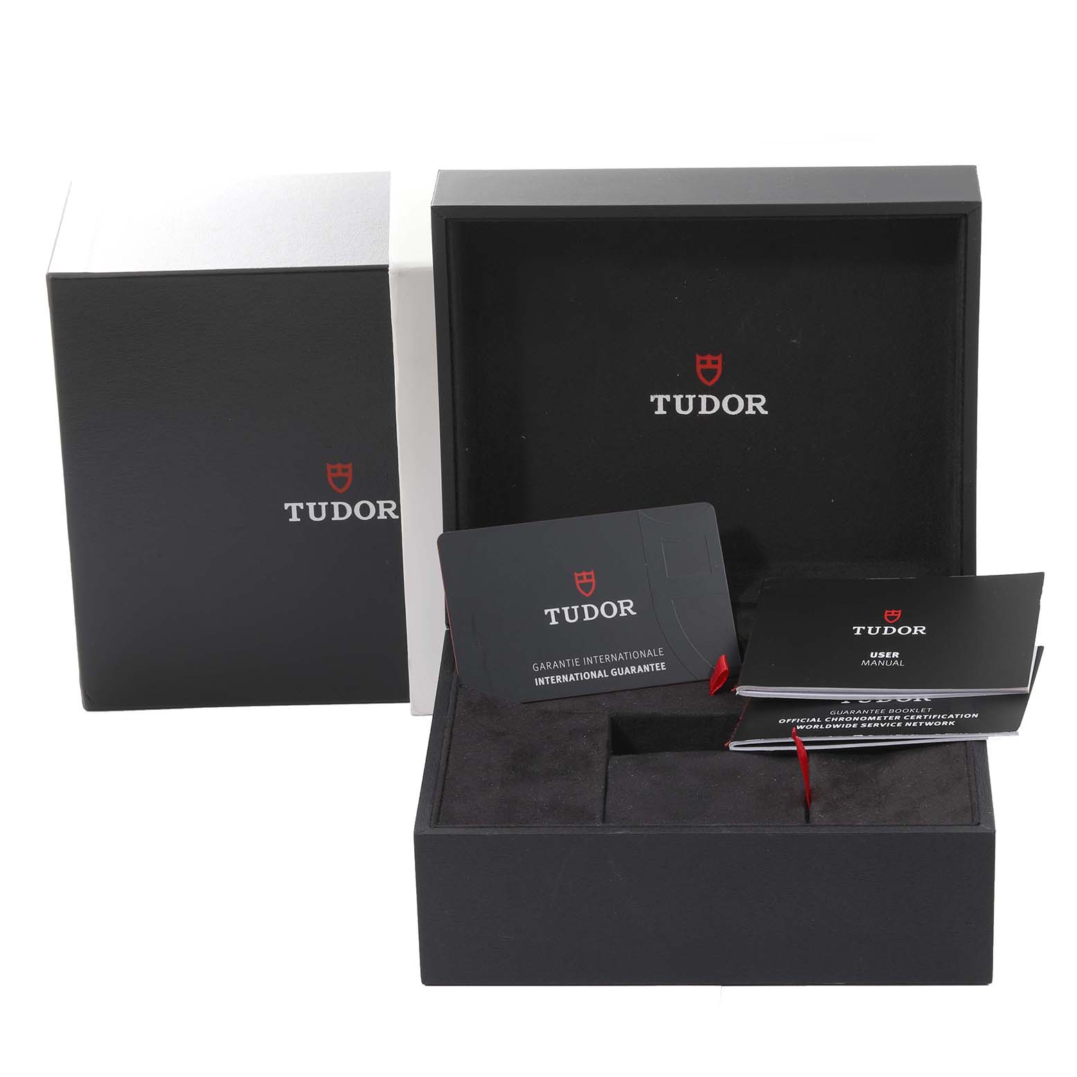 The image shows the packaging, international guarantee card, and user manual of a Tudor Heritage Black Bay 79540 Men's Stainless Steel Black Dial 79540 Men's Stainless Steel Black Dial watch.