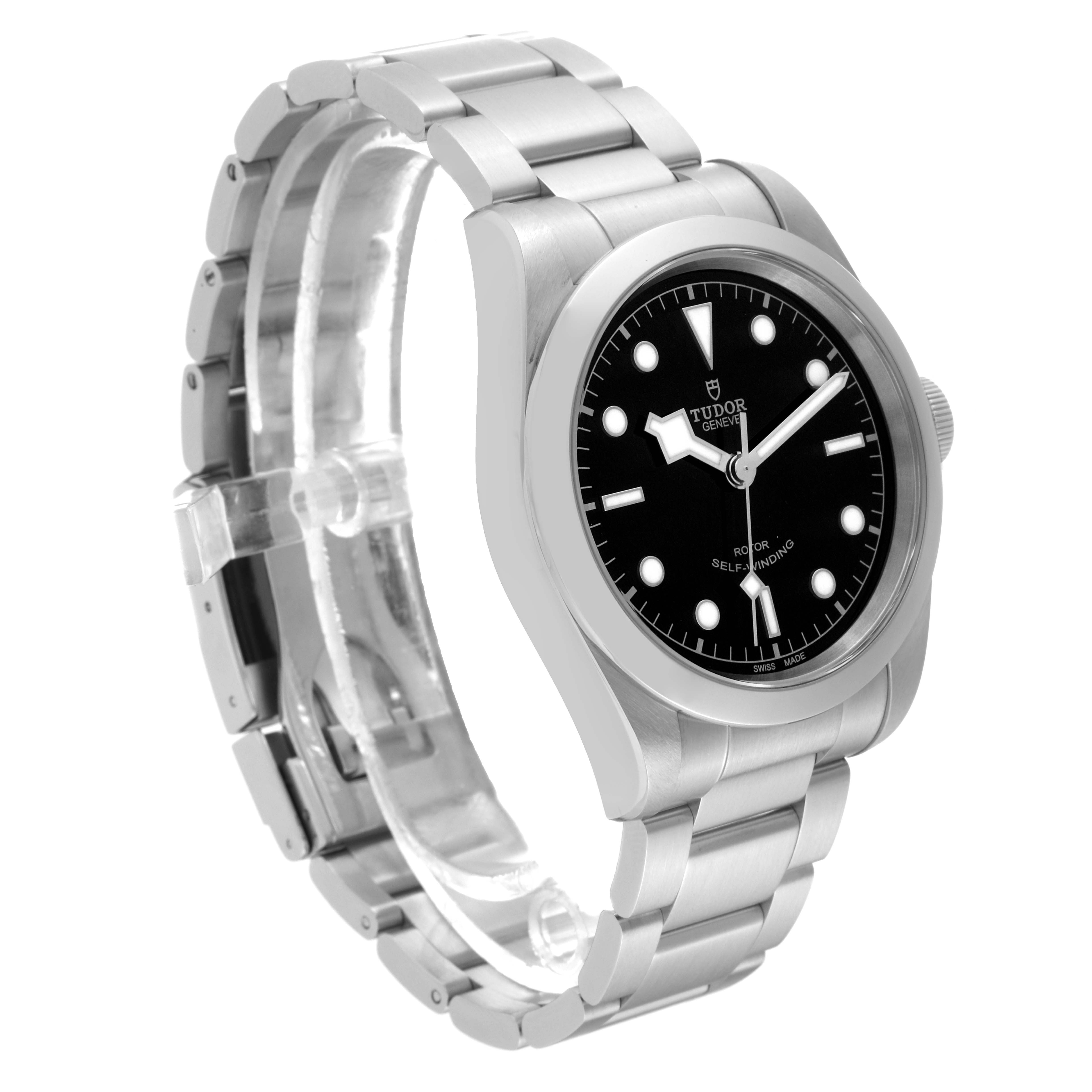 The Tudor Heritage Black Bay 79540 Men's Stainless Steel Black Dial 79540 Men's Stainless Steel Black Dial watch is shown at a three-quarter angle, highlighting the case, dial, bezel, and bracelet.