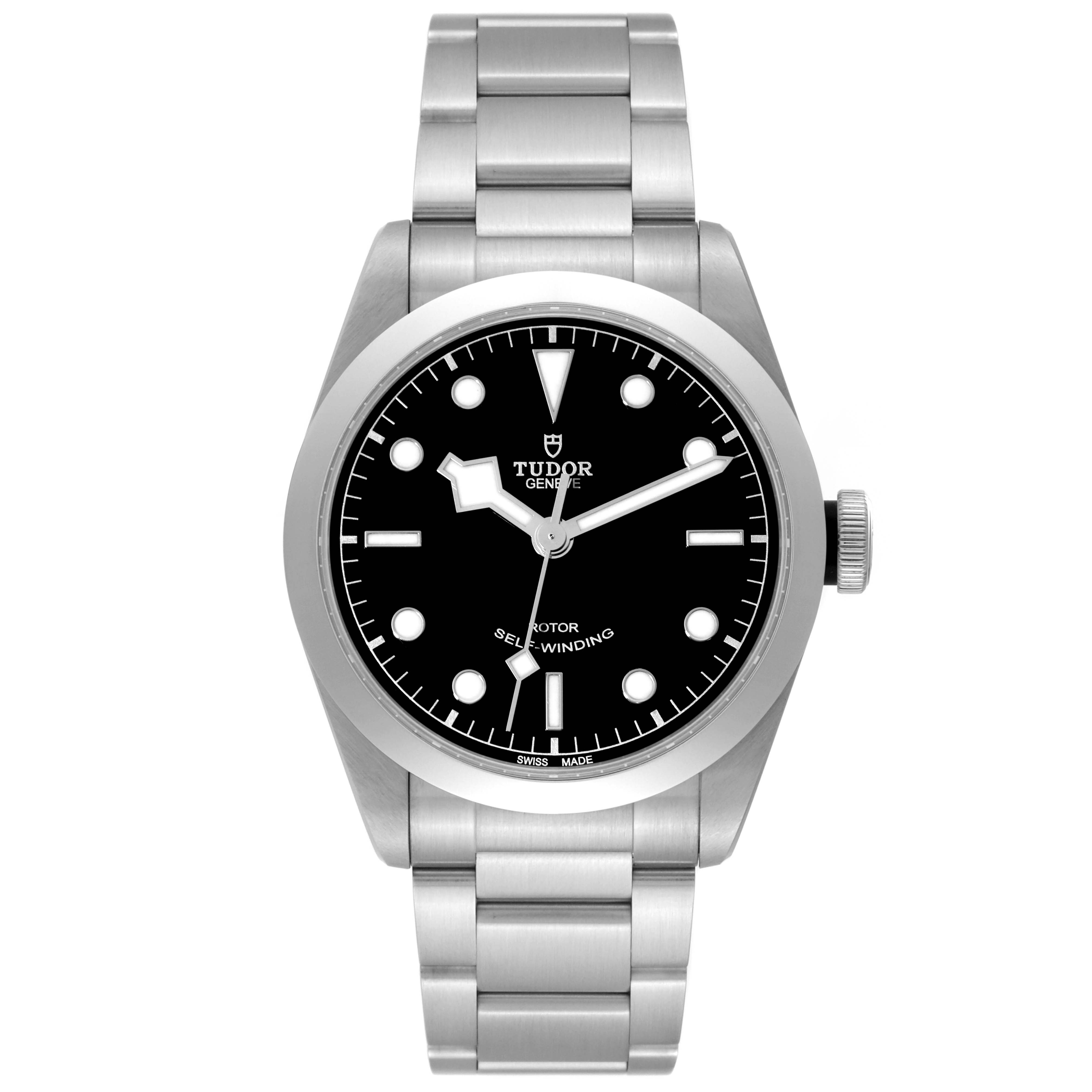The image shows a front view of the Tudor Heritage Black Bay 79540 Men's Stainless Steel Black Dial 79540 Men's Stainless Steel Black Dial watch, displaying its dial, hands, crown, and stainless steel bracelet.