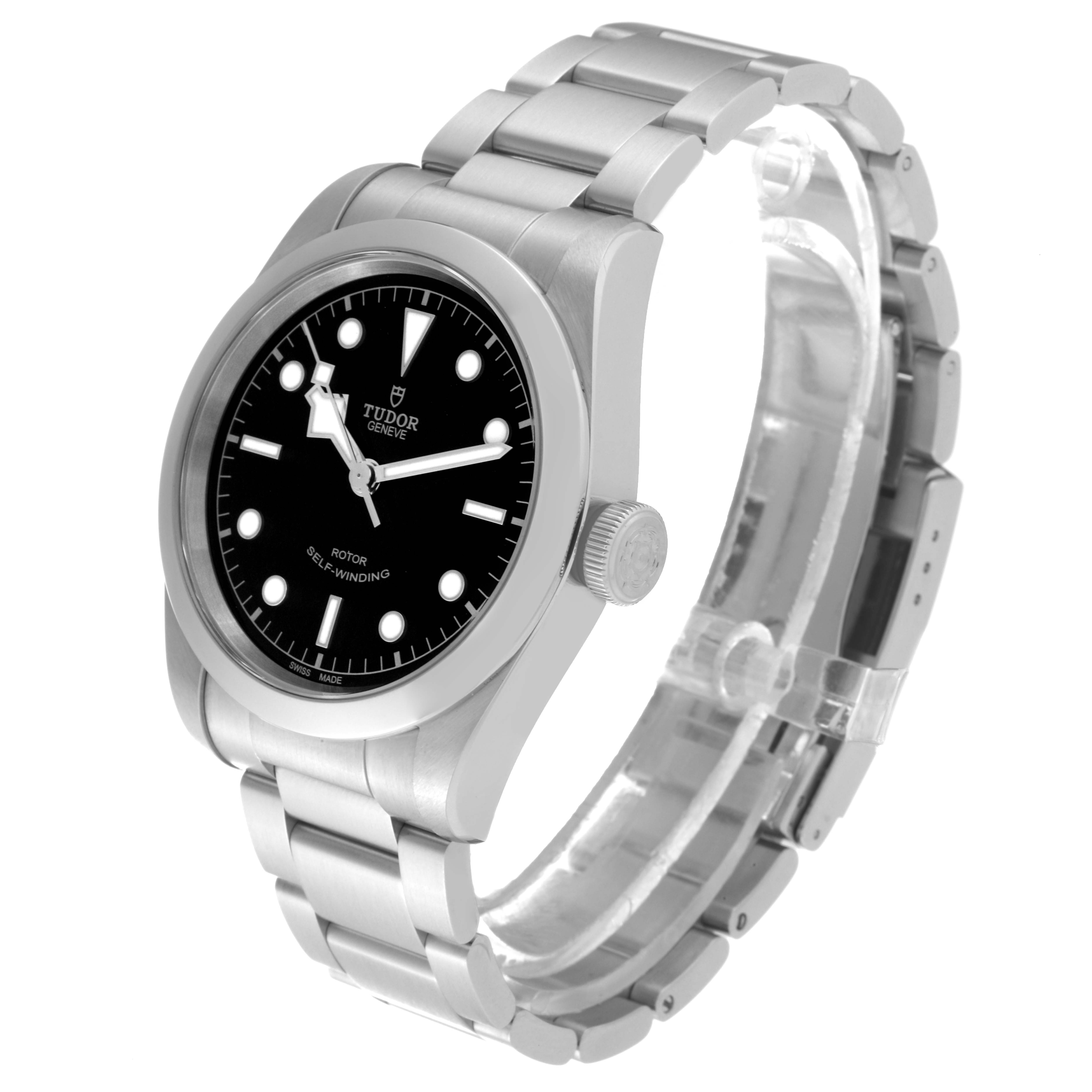 The Tudor Heritage Black Bay 79540 Men's Stainless Steel Black Dial 79540 Men's Stainless Steel Black Dial watch is shown at a three-quarter angle, displaying its face, bezel, crown, and bracelet.