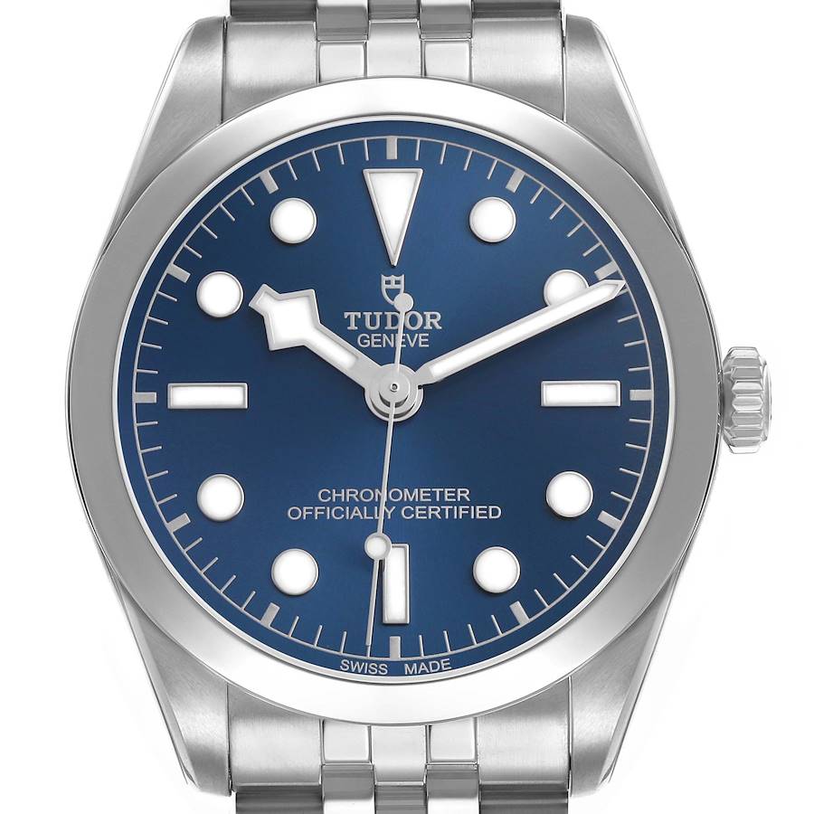 The Tudor Heritage Black Bay 79640 Men's Stainless Steel Blue Dial watch is shown from a front angle, displaying the dial, hands, and partial bracelet.