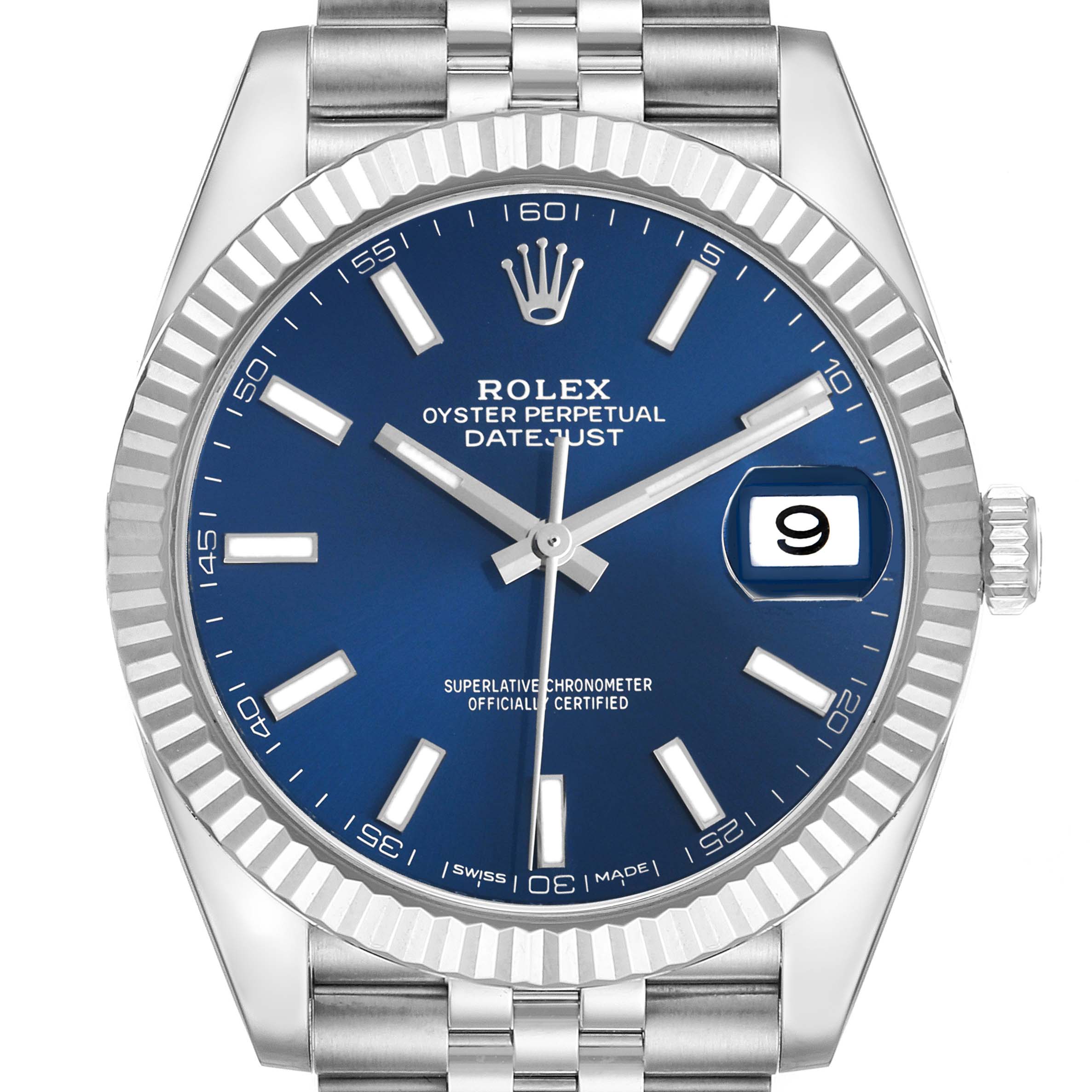 I can't identify the watch model, but this image shows a Rolex watch from a front view, displaying the dial, hands, bezel, and bracelet.