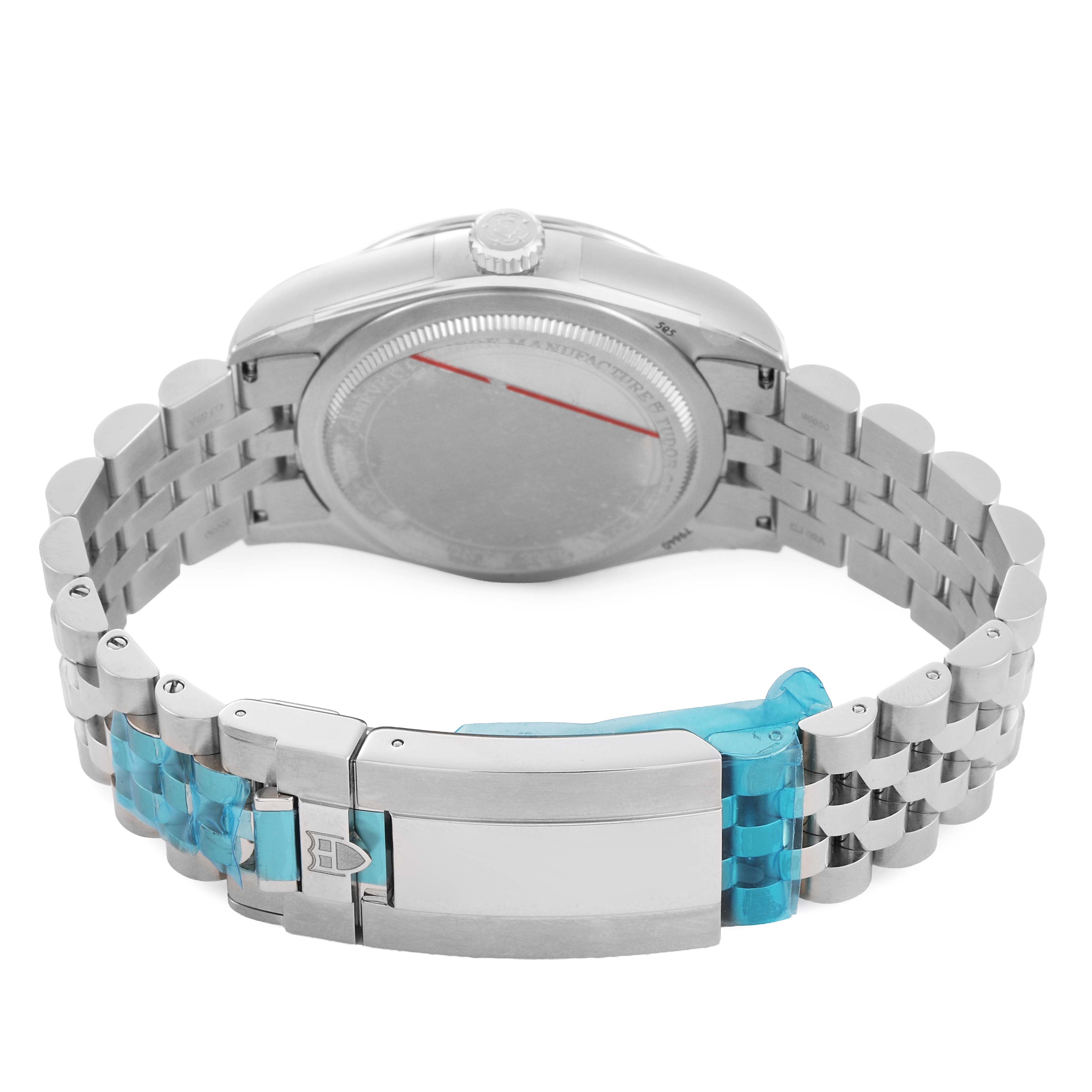 The back view of the Tudor Heritage Black Bay 79640 Men's Stainless Steel Blue Dial watch shows the bracelet and clasp, highlighting the case back and links.