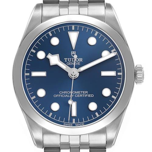 The Tudor Heritage Black Bay 79640 Men's Stainless Steel Blue Dial watch is shown from a front angle, displaying its blue dial, markers, hands, and part of the bracelet.