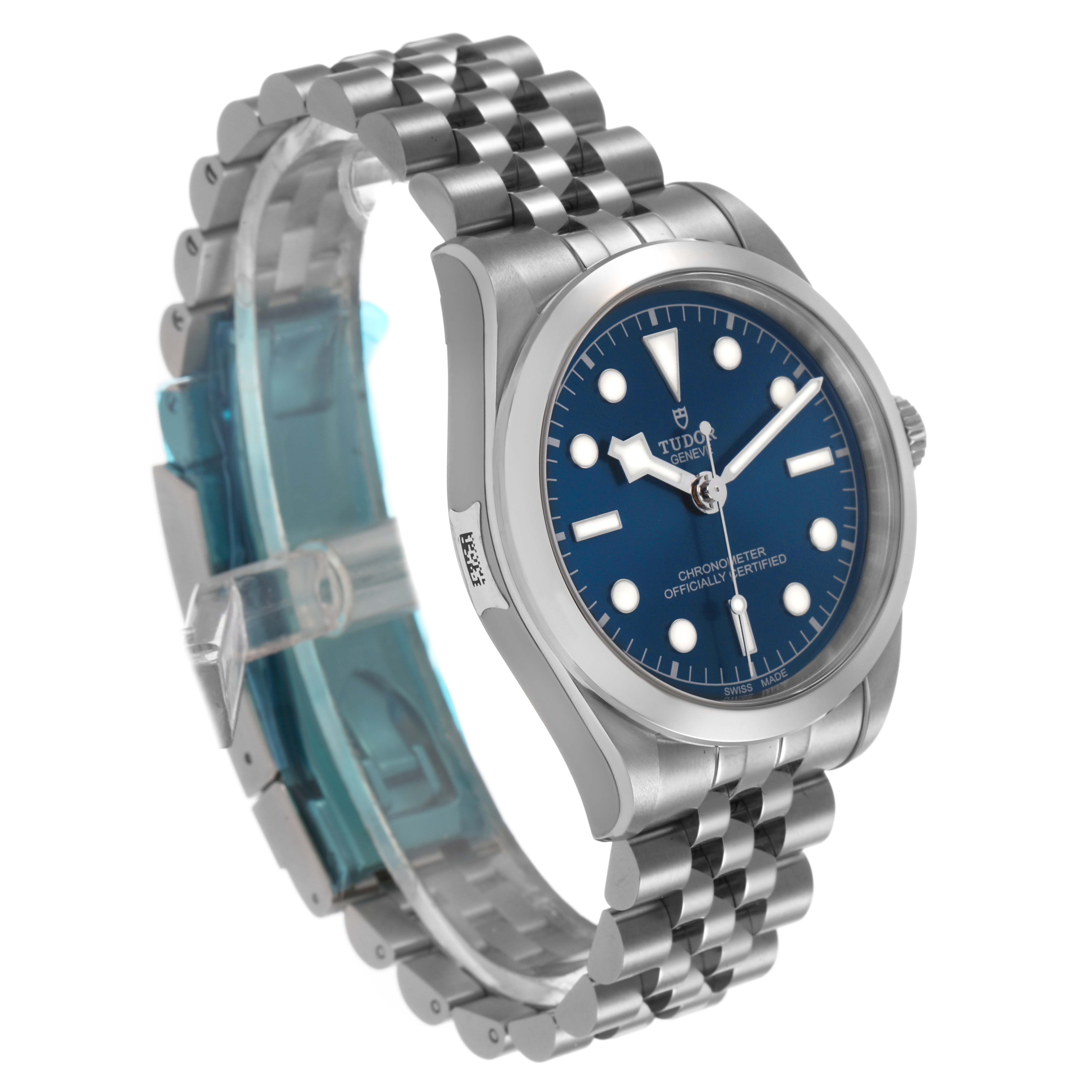 The Tudor Heritage Black Bay 79640 Men's Stainless Steel Blue Dial is shown at an angled side view, displaying the blue dial and silver bracelet.