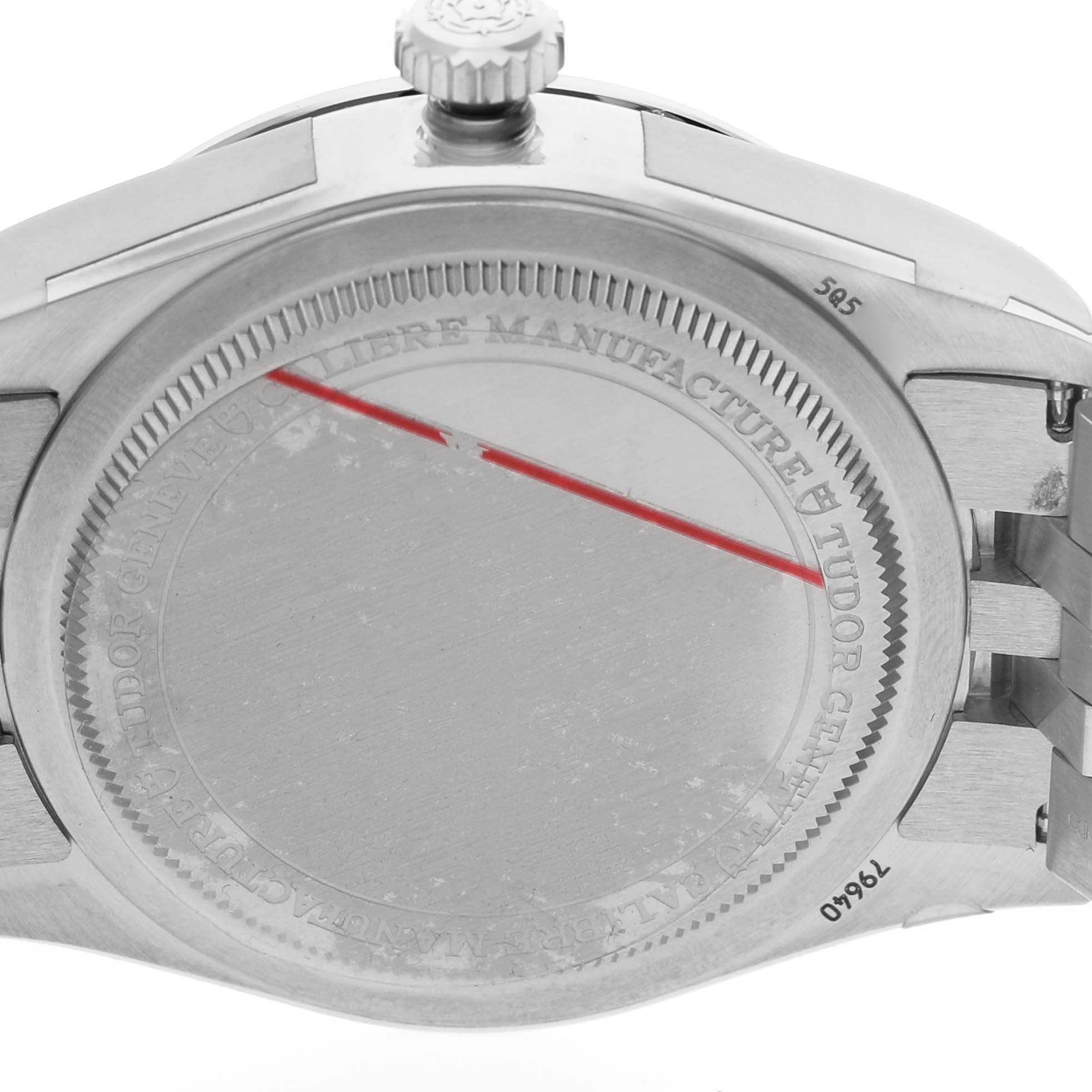 The image shows the case back and crown of the Tudor Heritage Black Bay 79640 Men's Stainless Steel Blue Dial watch from a rear angle.