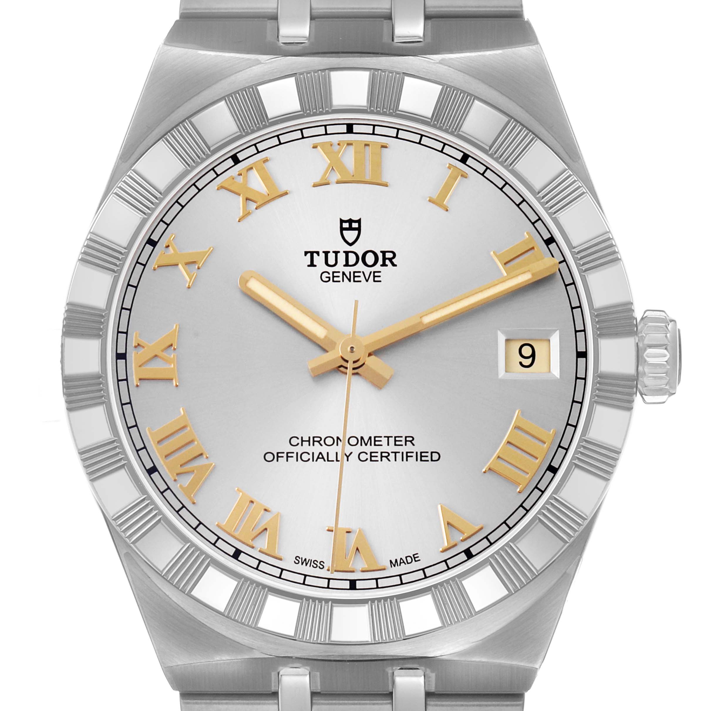 The Tudor Royal 2836C1A0 Men's Stainless Steel Silver Dial watch is shown from the front, highlighting its dial, hands, bezel, and date window.