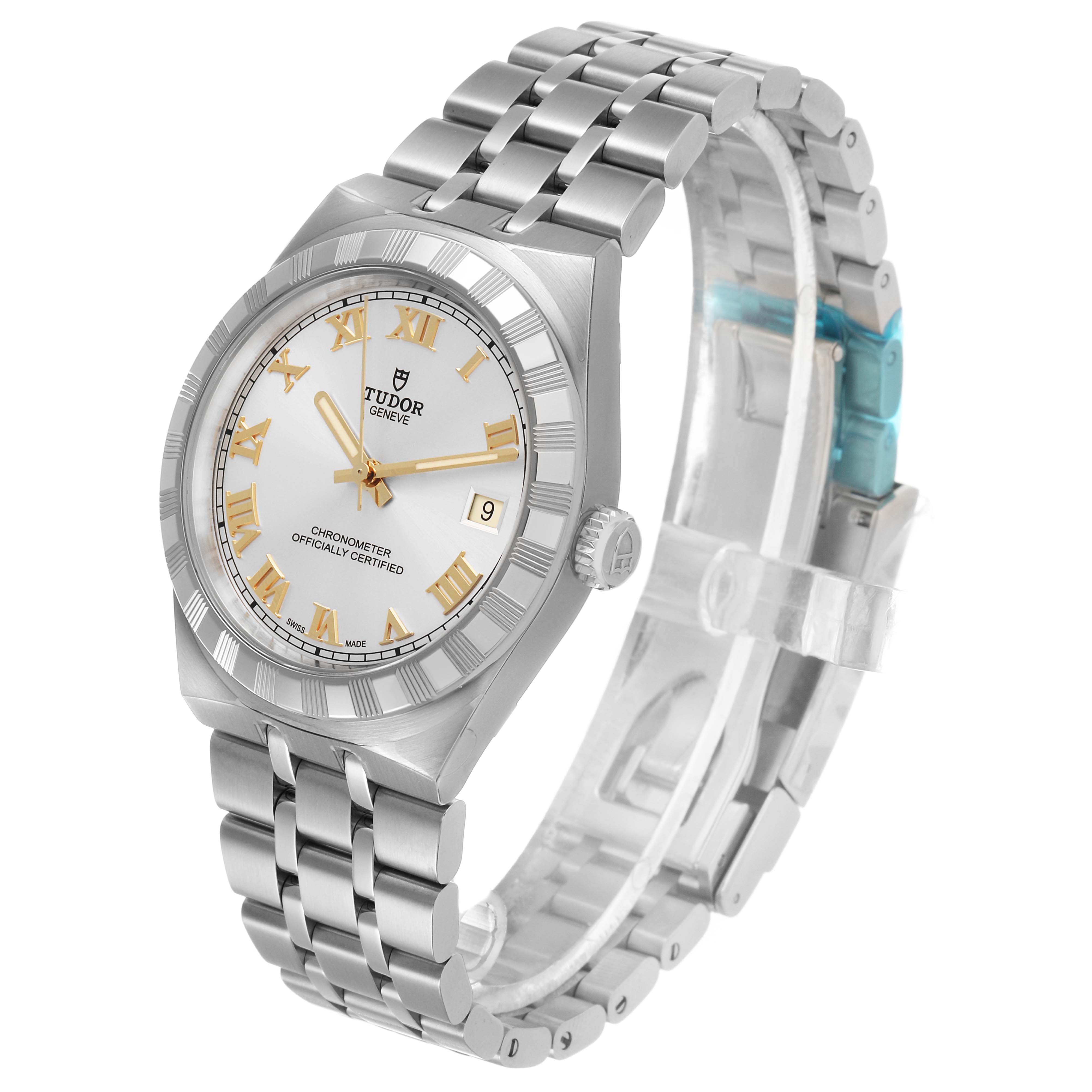 The Tudor Royal 2836C1A0 Men's Stainless Steel Silver Dial watch is shown at a three-quarter angle, displaying the dial, bezel, crown, and bracelet.