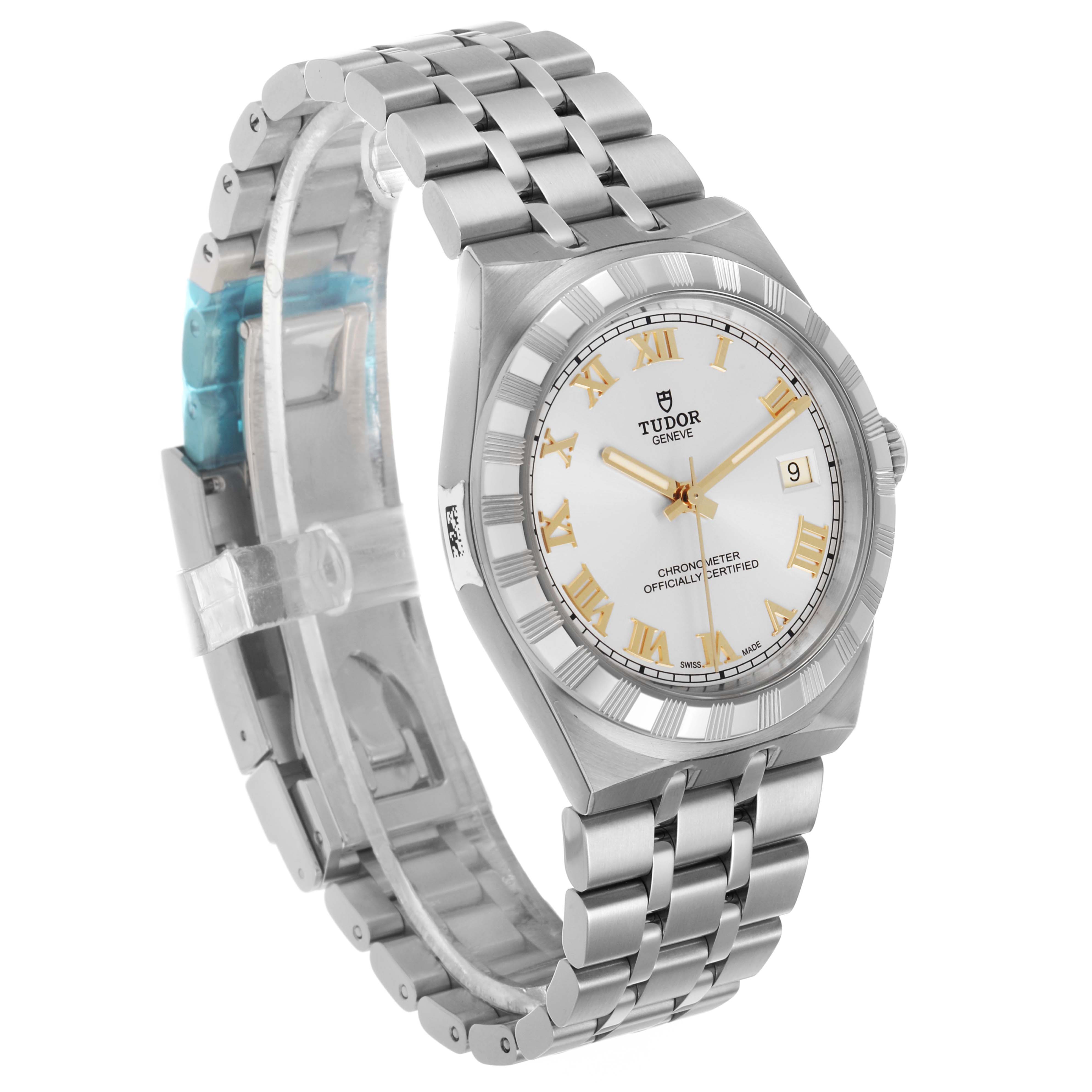The Tudor Royal 2836C1A0 Men's Stainless Steel Silver Dial watch is shown from an angled side view, highlighting its face, bezel, and bracelet.