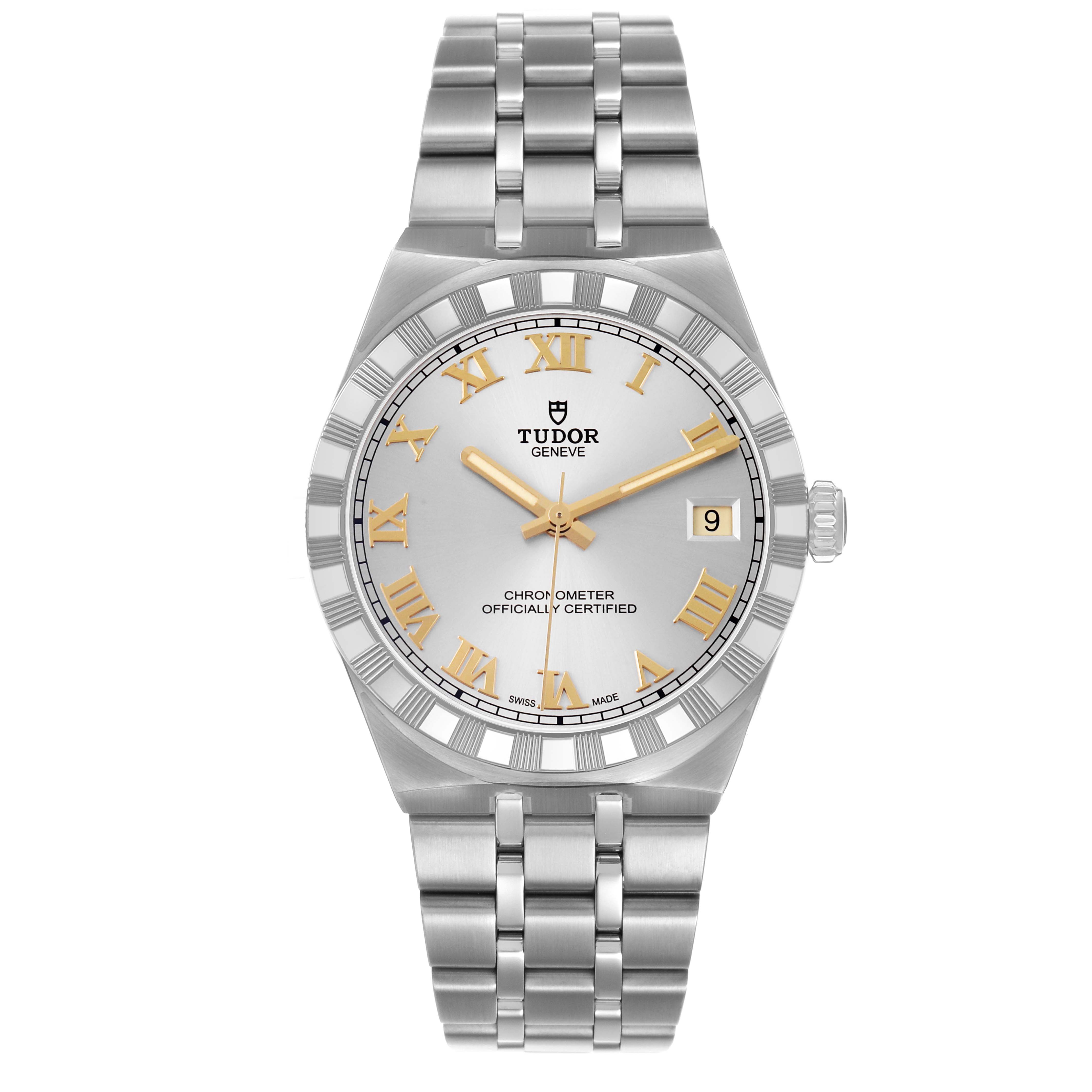 The Tudor Royal 2836C1A0 Men's Stainless Steel Silver Dial watch is shown from a front angle, displaying the face, bezel, bracelet, crown, and date window.
