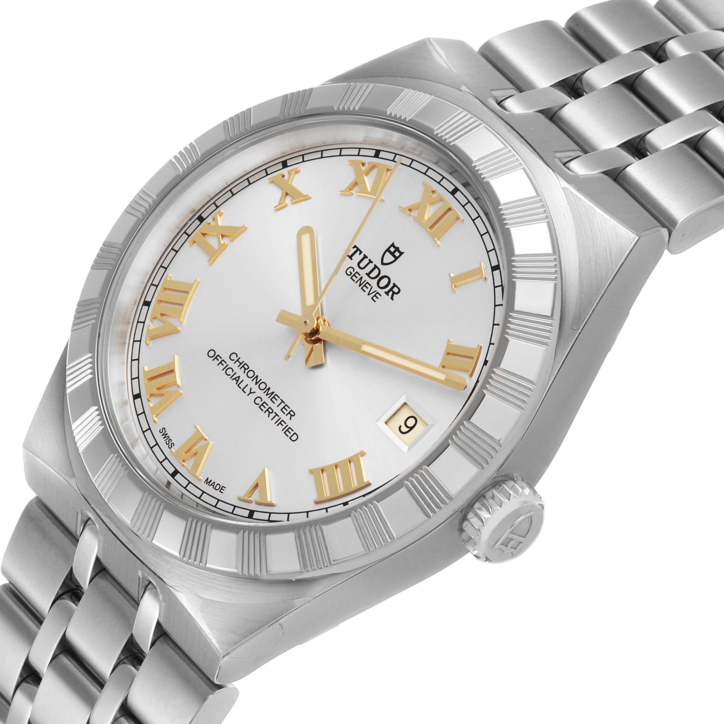 The image shows a Tudor Royal 2836C1A0 Men's Stainless Steel Silver Dial watch at a three-quarter angle, highlighting its silver dial, gold Roman numerals, and date window.