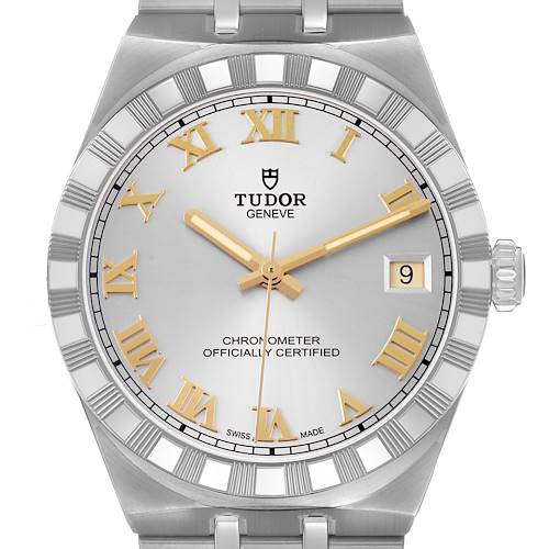 The image shows a front view of the Tudor Royal 2836C1A0 Men's Stainless Steel Silver Dial watch, highlighting the dial, bezel, and crown.