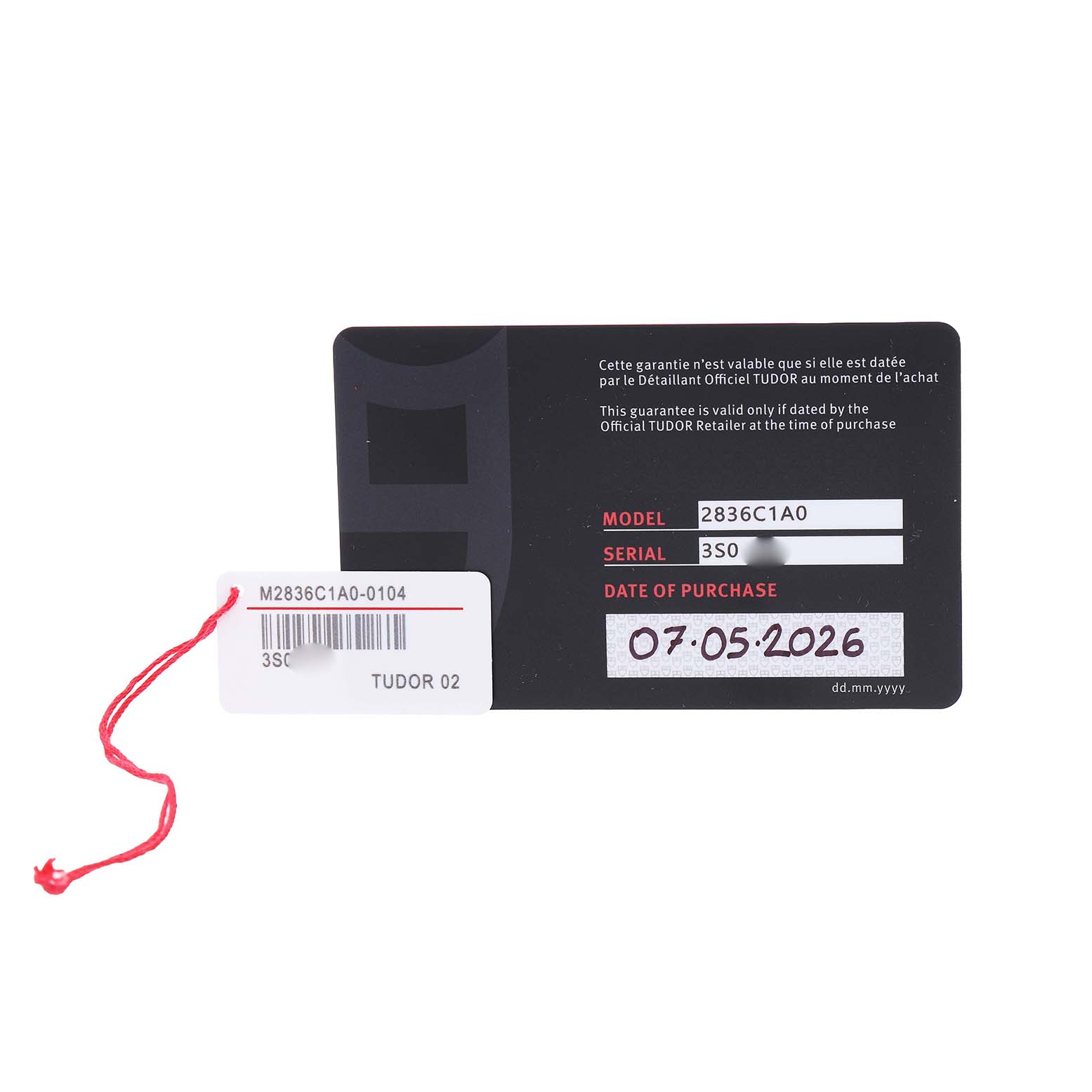 The image shows a warranty card and tag for the Tudor Royal 2836C1A0 Men's Stainless Steel Silver Dial watch model, featuring model and serial numbers.