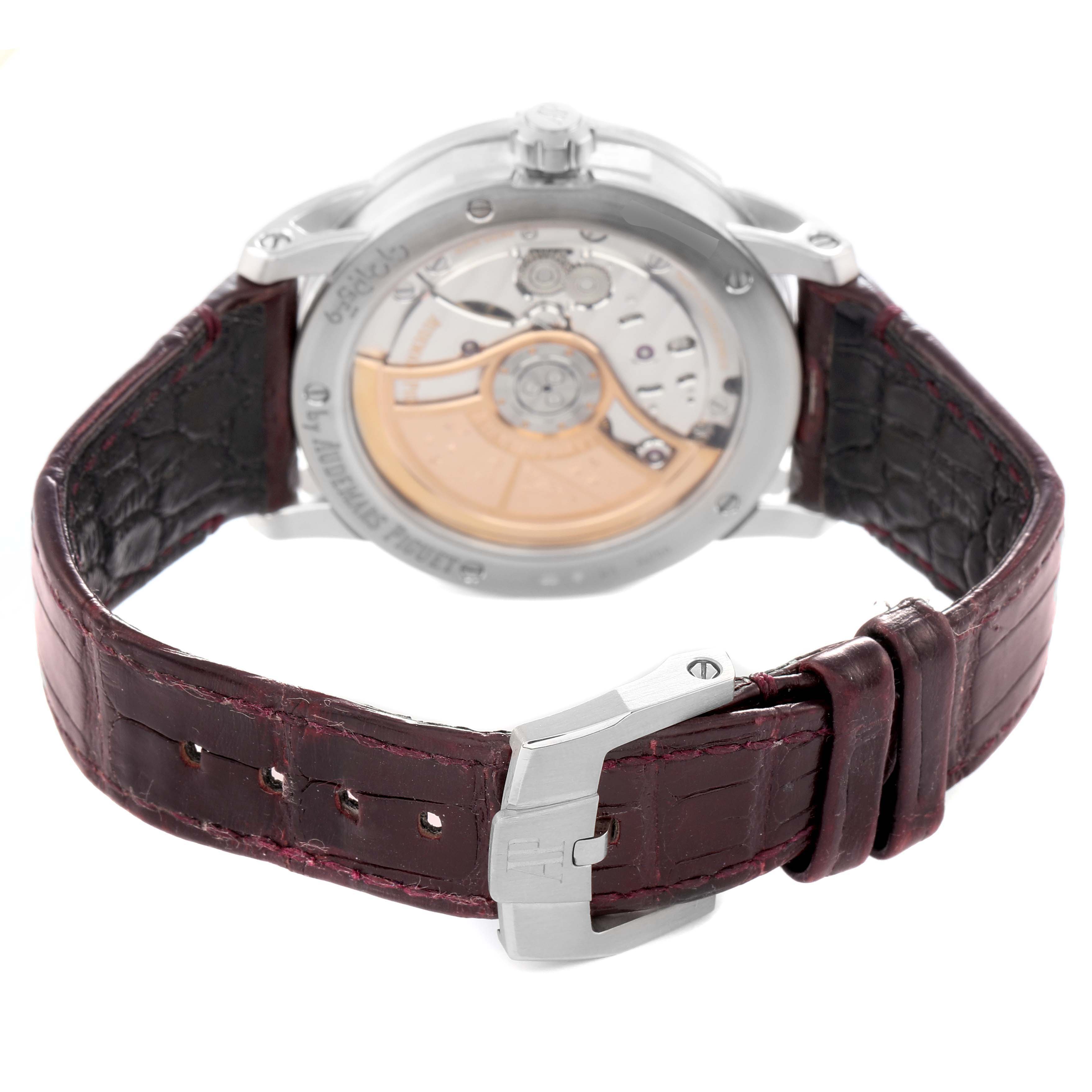 The image shows the back of the Audemars Piguet Jules model 15210BC men's watch, highlighting its case back, movement, and leather strap.