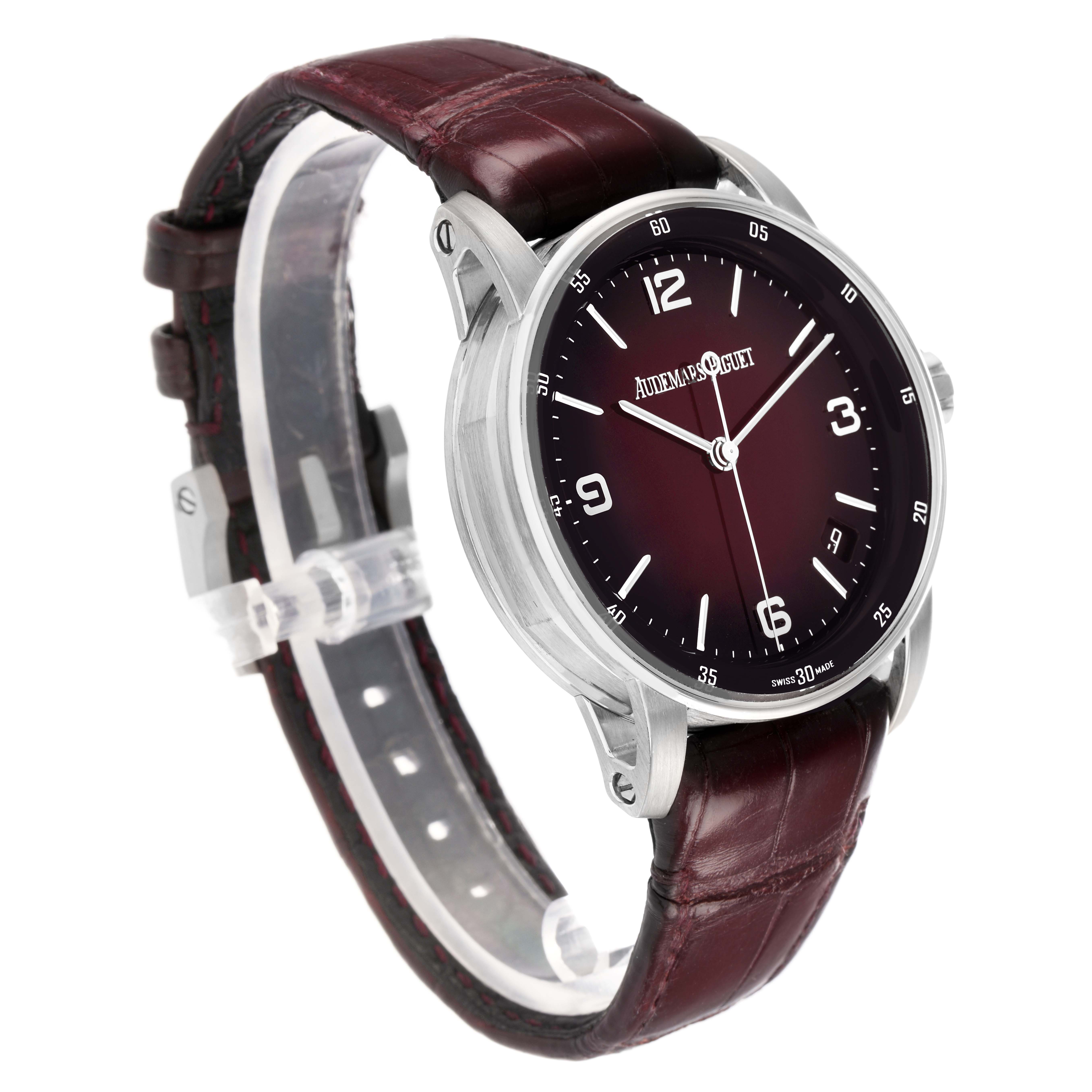 The image shows an Audemars Piguet Jules model 15210BC men's watch at a three-quarter angle, highlighting the face, case, and leather strap.