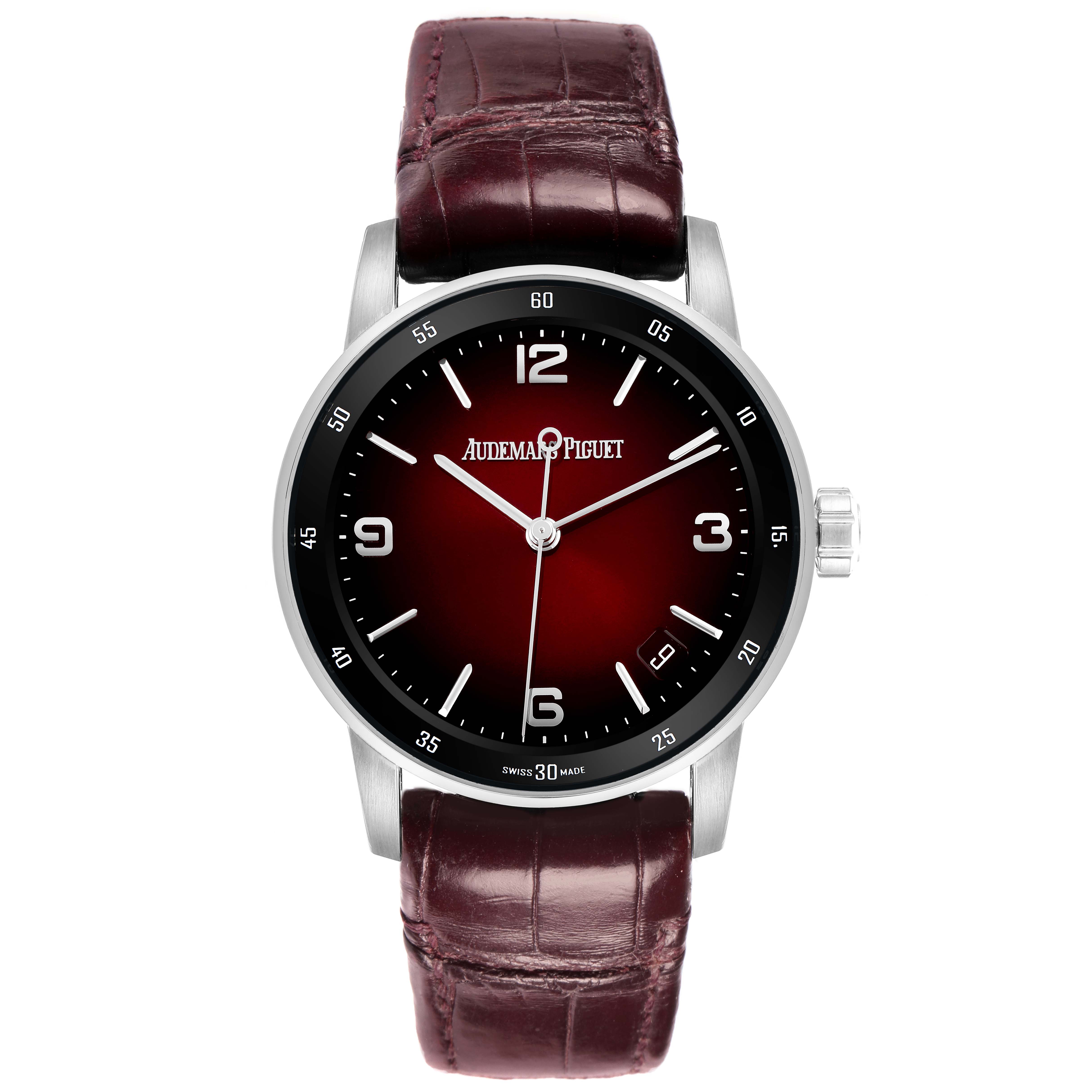 The image shows a front view of the Audemars Piguet Jules model 15210BC men's watch, highlighting its dial, bezel, case, crown, and leather strap.