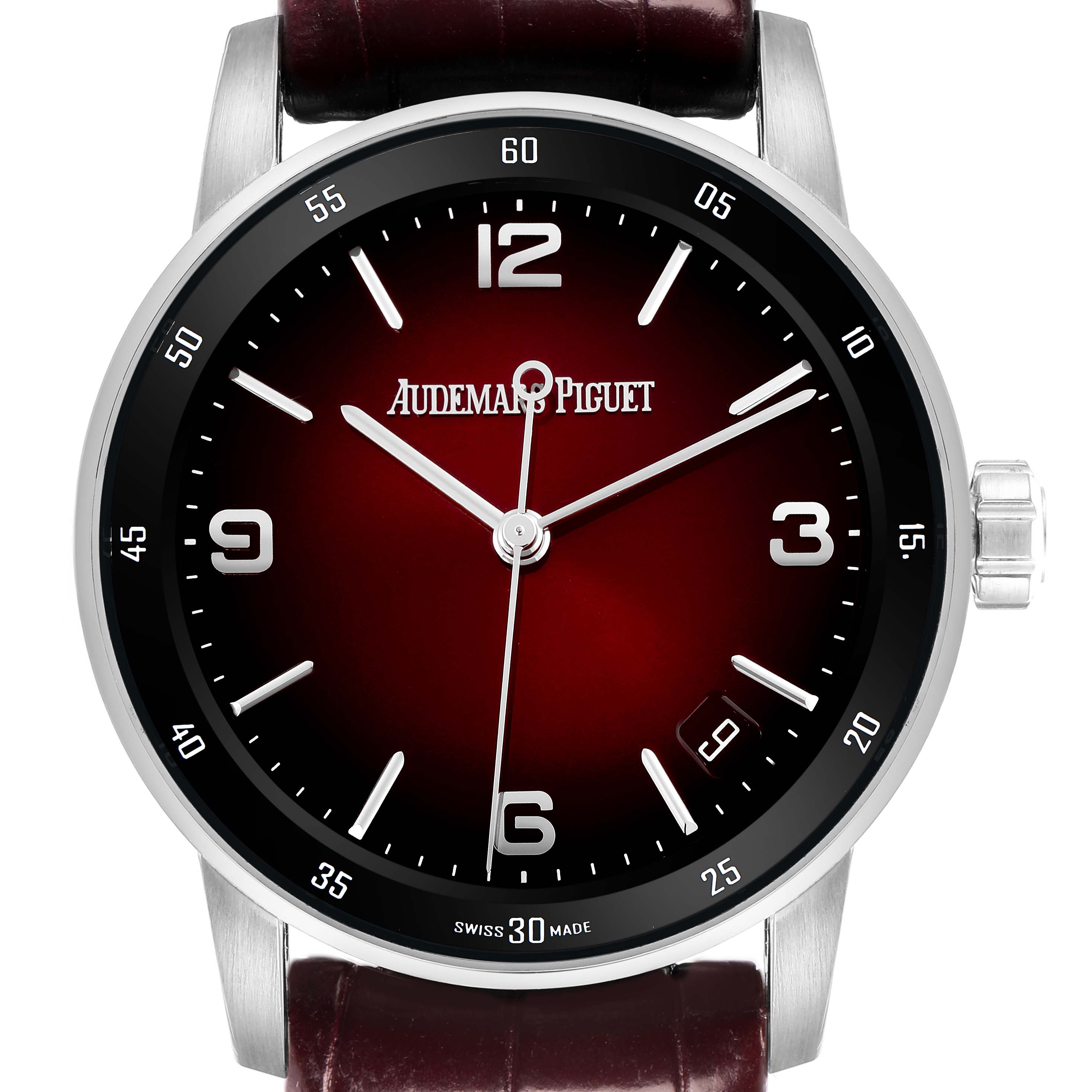 The image shows a frontal view of the Audemars Piguet Jules model number 15210BC, featuring its dial, case, crown, and part of the leather strap.