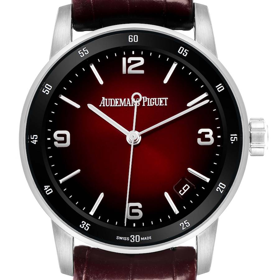 The image shows a frontal view of the Audemars Piguet Jules model number 15210BC, featuring its dial, case, crown, and part of the leather strap.