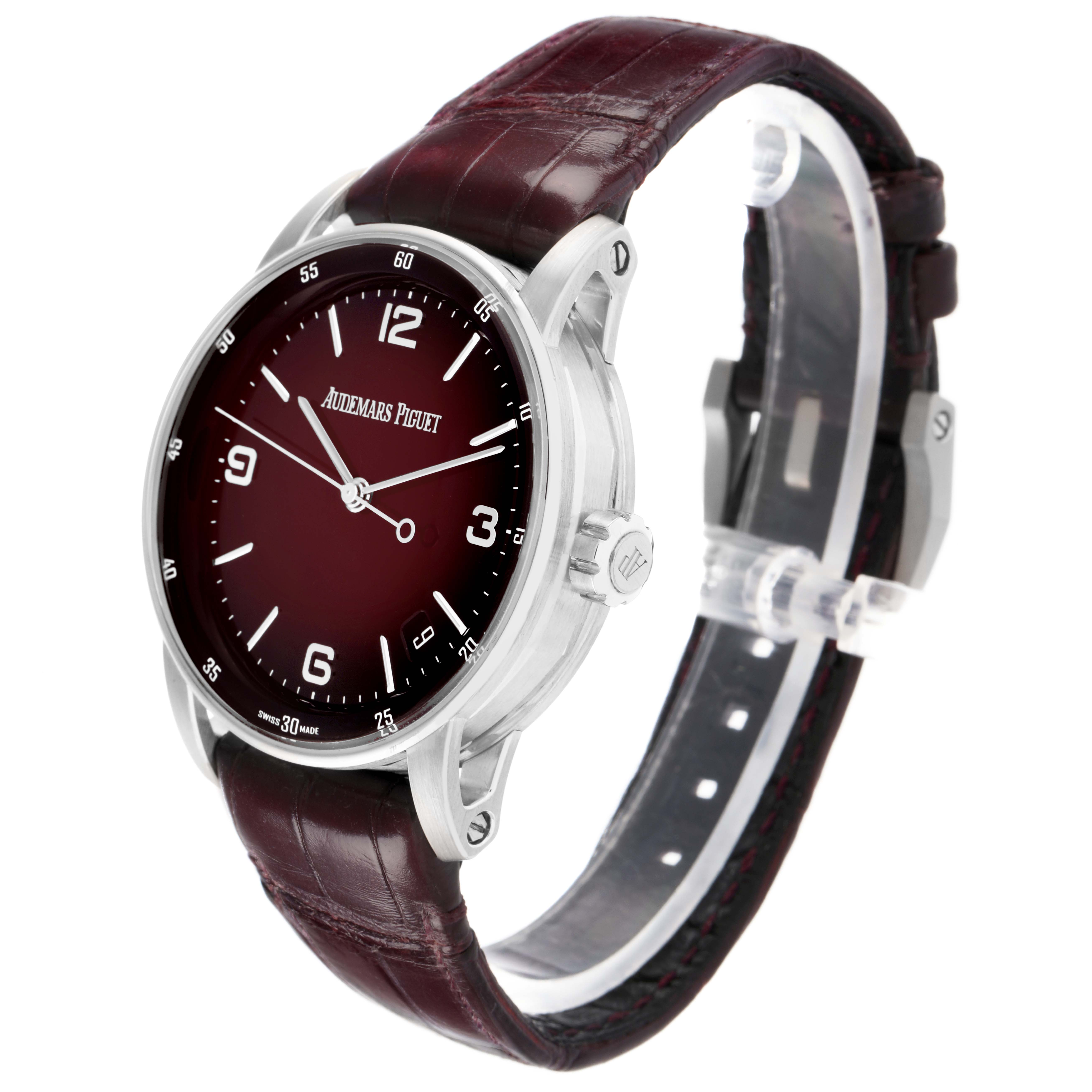 The image showcases the Audemars Piguet Jules model 15210BC watch at a three-quarter angle, highlighting the dial, case, crown, and leather strap.