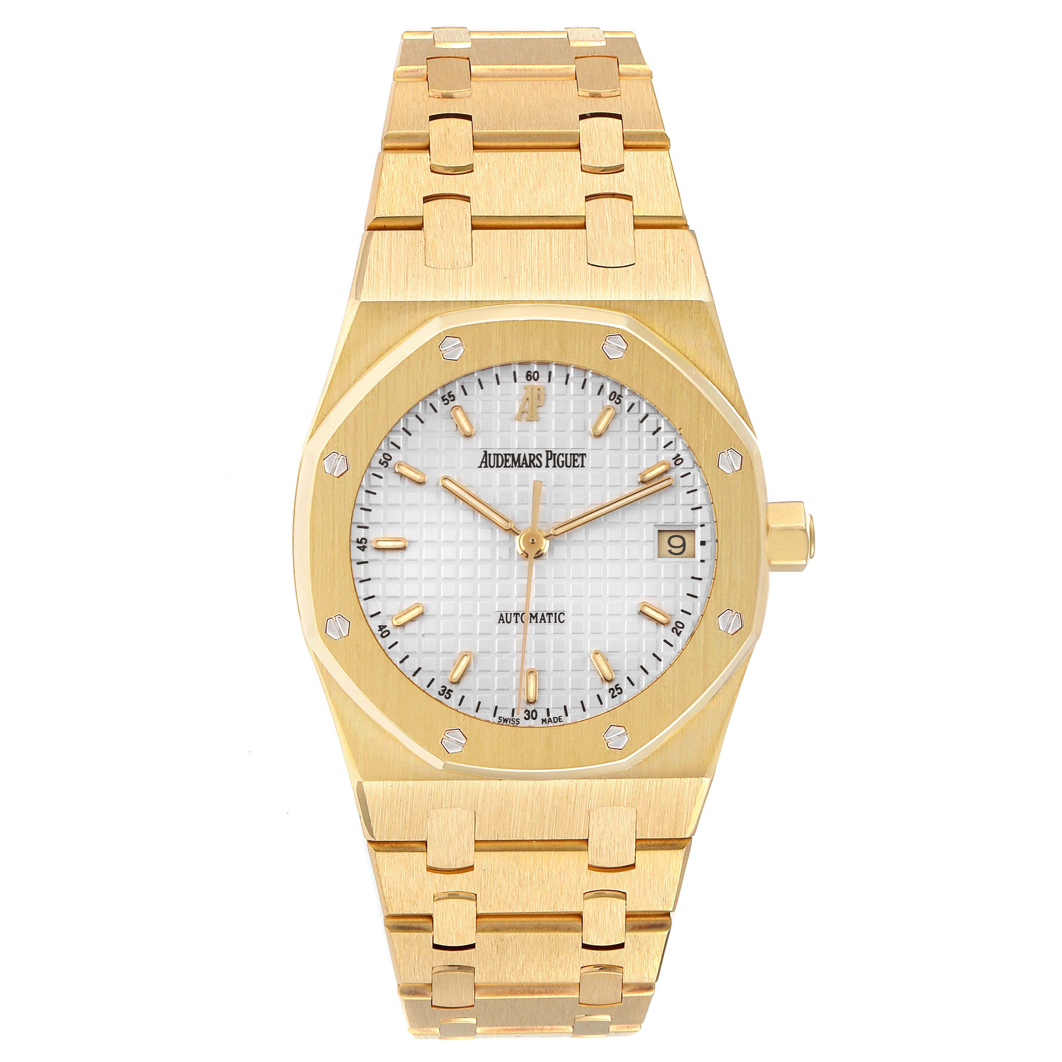 The image shows a front view of an Audemars Piguet Royal Oak 14790BA Men's Yellow Gold Silver Dial 14790BA Men's Yellow Gold Silver Dial watch with a gold bracelet and white dial.