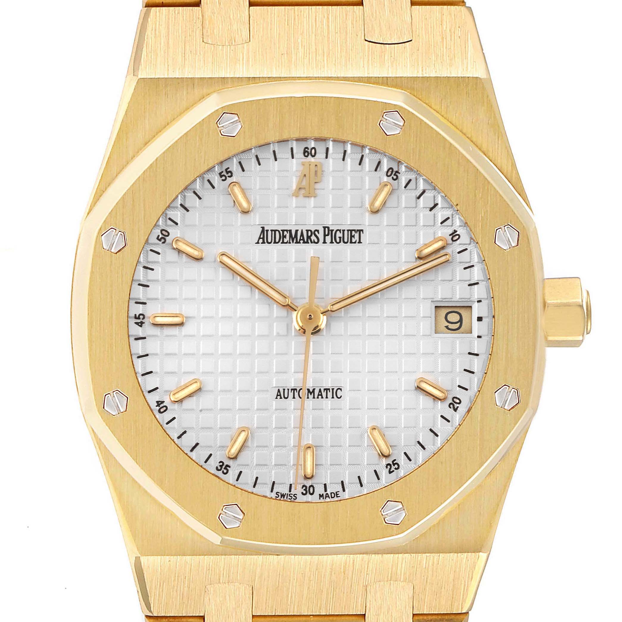 This image shows a front view of the Audemars Piguet Royal Oak 14790BA Men's Yellow Gold Silver Dial 14790BA Men's Yellow Gold Silver Dial watch, highlighting its octagonal bezel and dial.