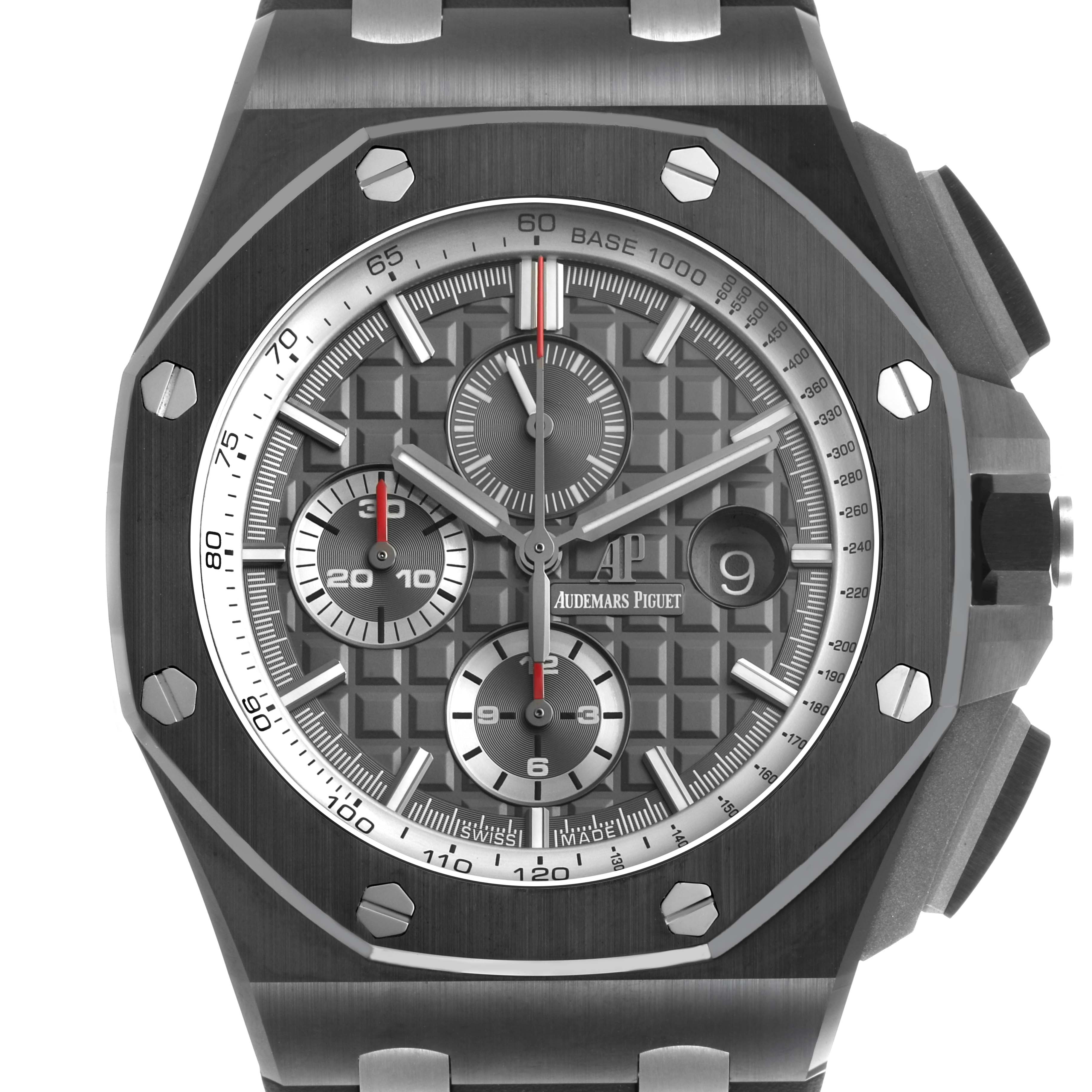 The image shows a front view of the Audemars Piguet Royal Oak Offshore 26405CE.OO.A002CA.01 Men's Ceramic Grey Dial, displaying the dial, subdials, bezel, and screws.