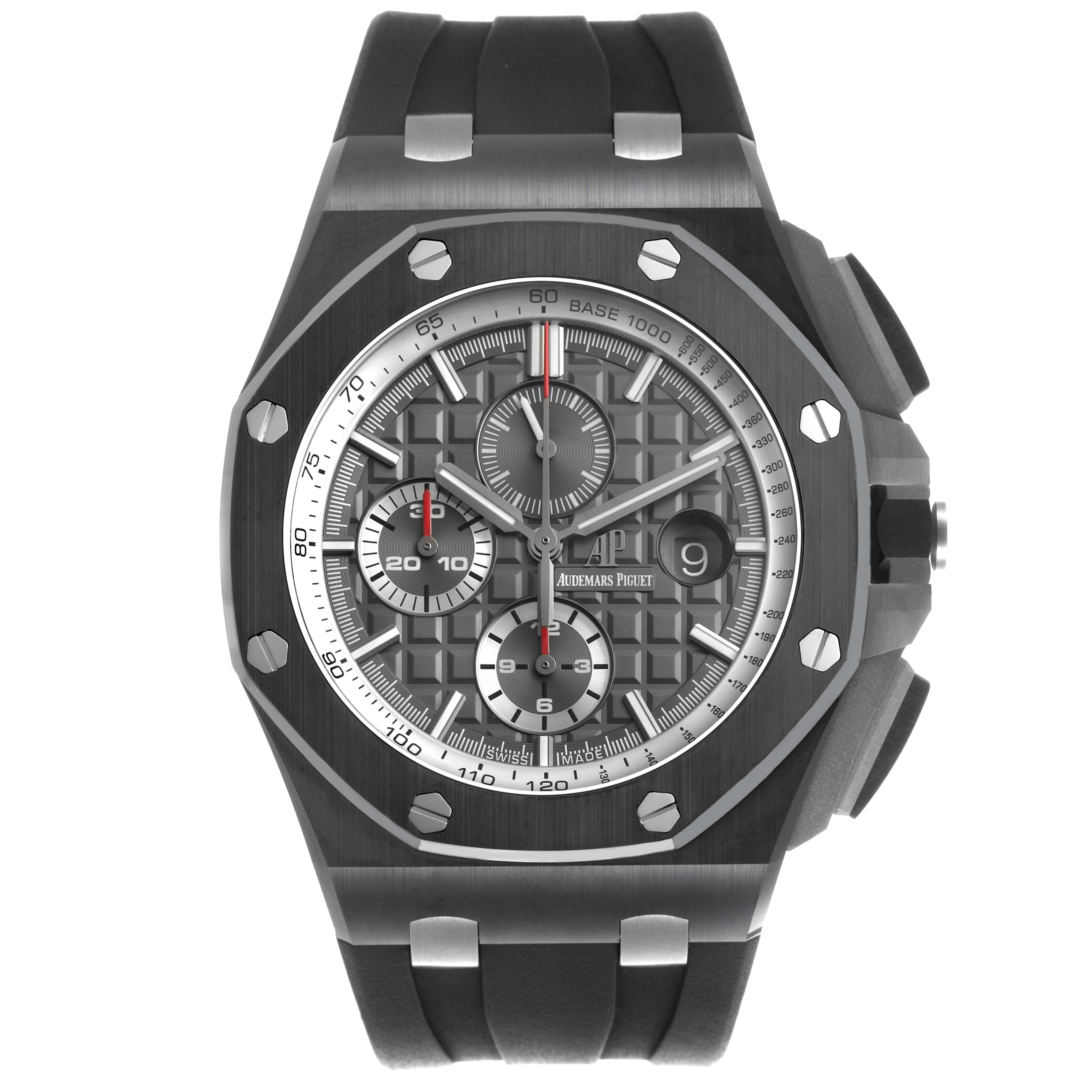The Audemars Piguet Royal Oak Offshore 26405CE.OO.A002CA.01 Men's Ceramic Grey Dial watch is shown from the front, displaying the dial, bezel, and strap.