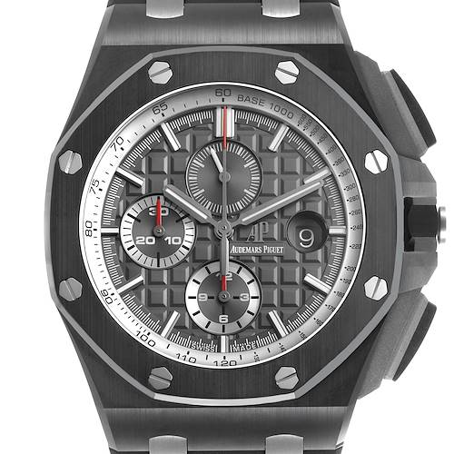 The image shows a front view of the Audemars Piguet Royal Oak Offshore 26405CE.OO.A002CA.01 Men's Ceramic Grey Dial watch, highlighting its dial, bezel, and chronograph features.