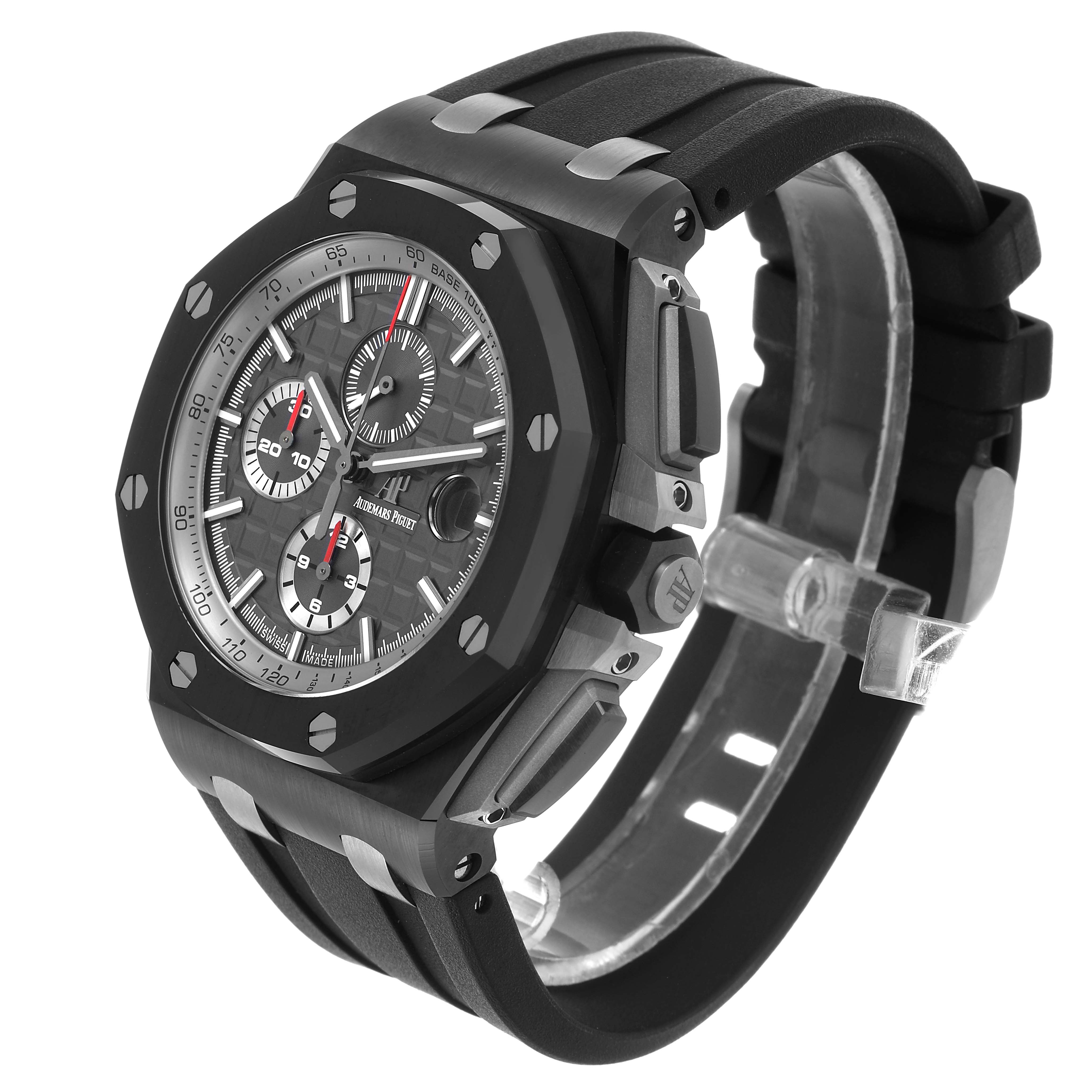 The Audemars Piguet Royal Oak Offshore 26405CE.OO.A002CA.01 Men's Ceramic Grey Dial is shown at a three-quarter angle, highlighting the dial, bezel, pushers, and rubber strap.