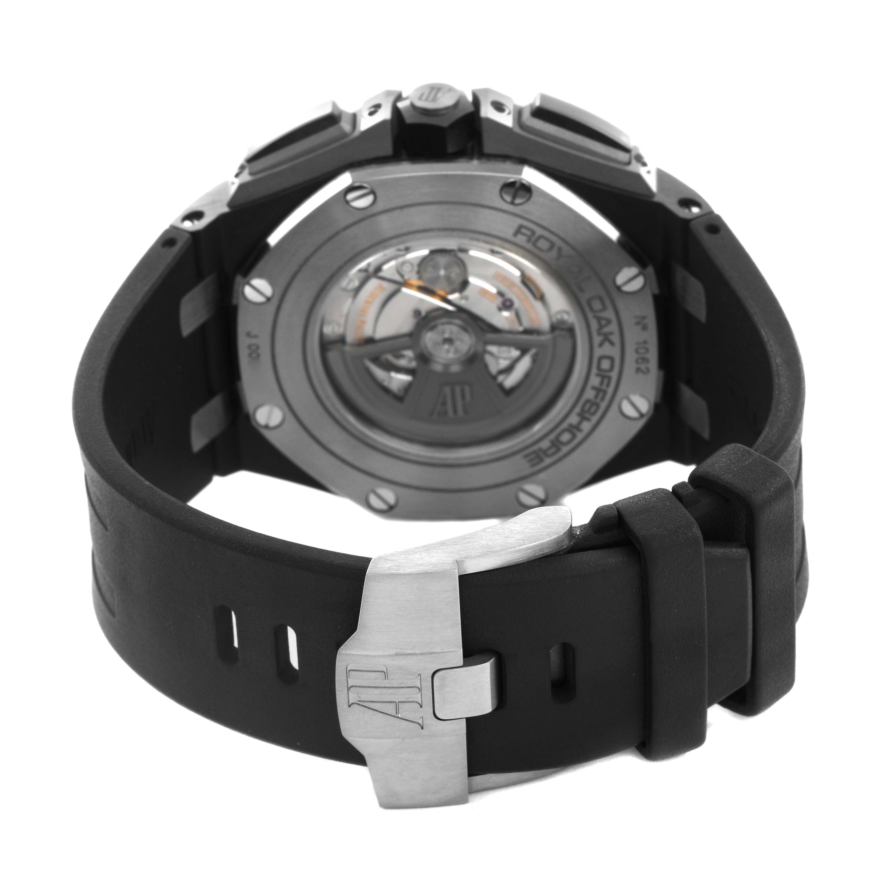 The Audemars Piguet Royal Oak Offshore 26405CE.OO.A002CA.01 Men's Ceramic Grey Dial is shown from the back, highlighting the case back, movement, and strap with buckle.