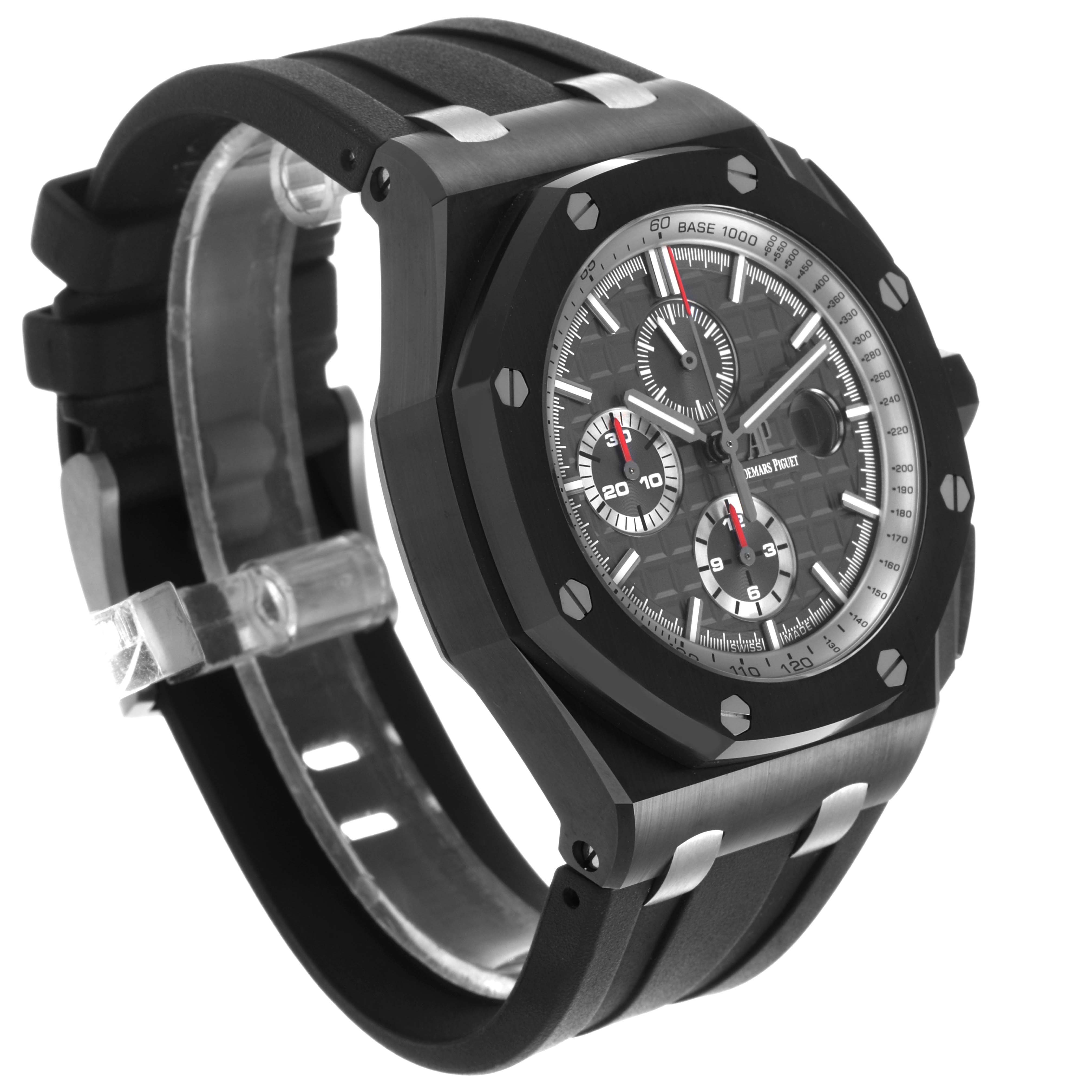 The Audemars Piguet Royal Oak Offshore 26405CE.OO.A002CA.01 Men's Ceramic Grey Dial watch is shown at a side angle, highlighting its bezel, dial, rubber strap, and crown.