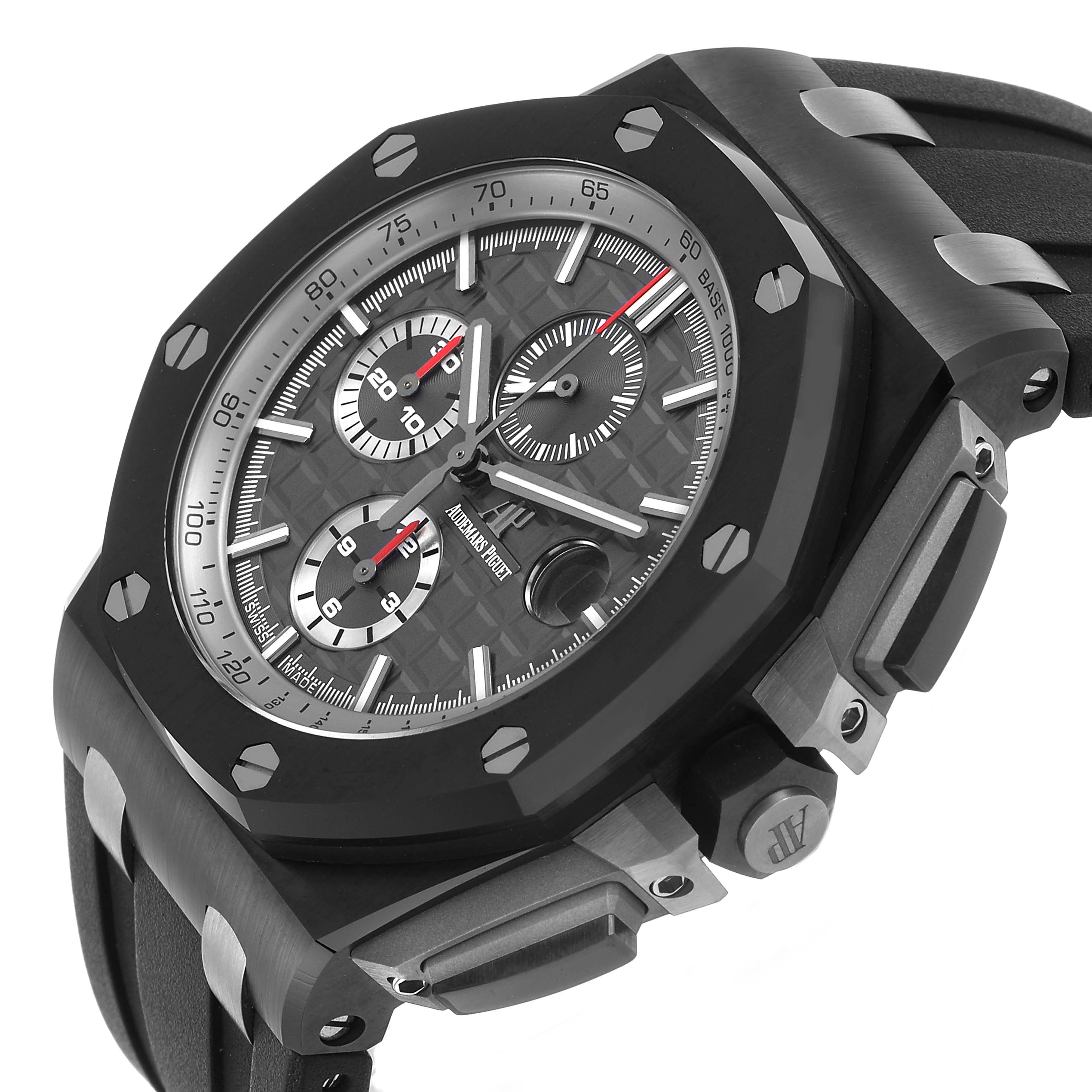 The image shows a side angle of an Audemars Piguet Royal Oak Offshore 26405CE.OO.A002CA.01 Men's Ceramic Grey Dial, highlighting the bezel, dial, crown, and strap.