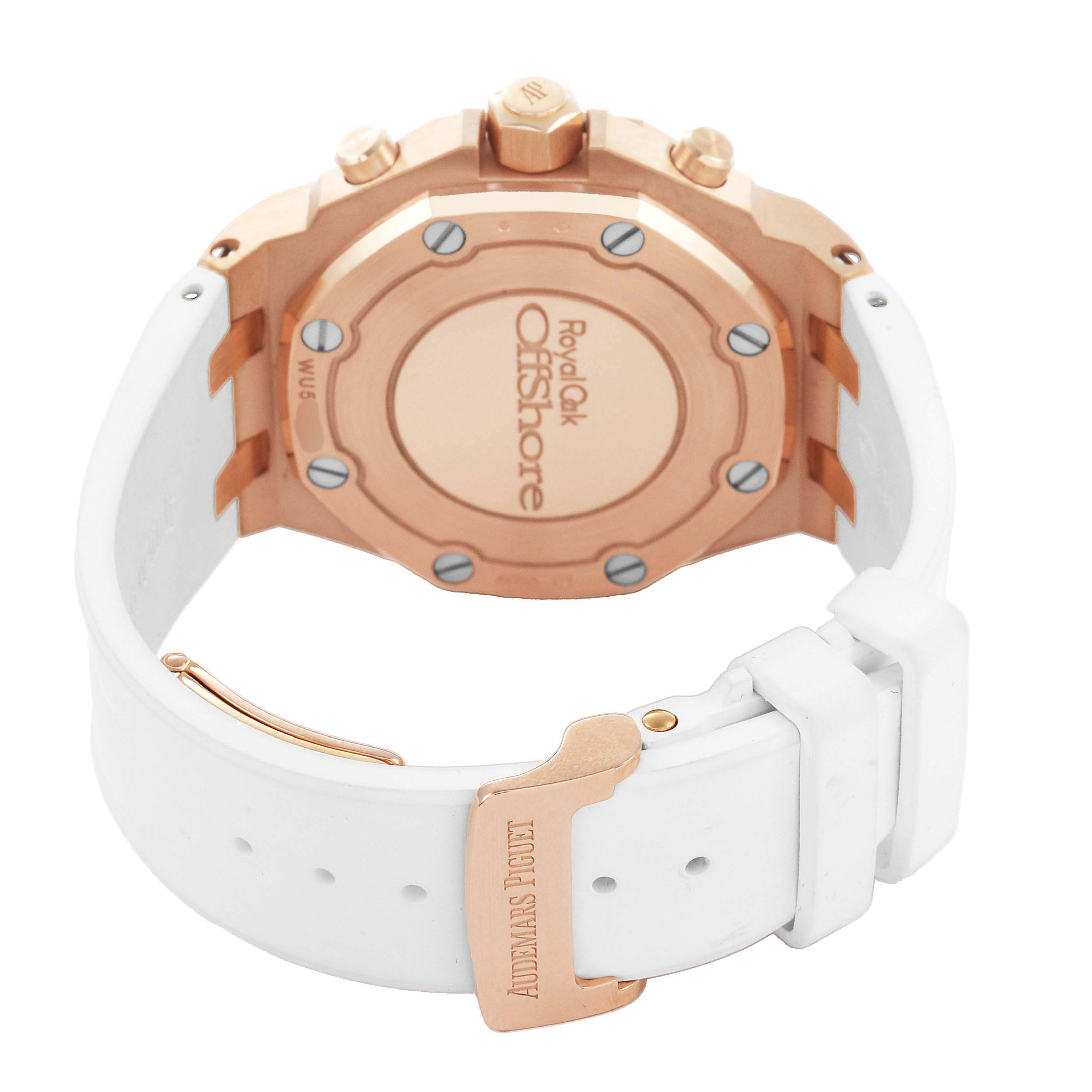 The image shows the back of an Audemars Piguet Royal Oak Offshore 26231OR Women's Rose Gold Silver Dial watch, highlighting the caseback, clasp, and white strap.