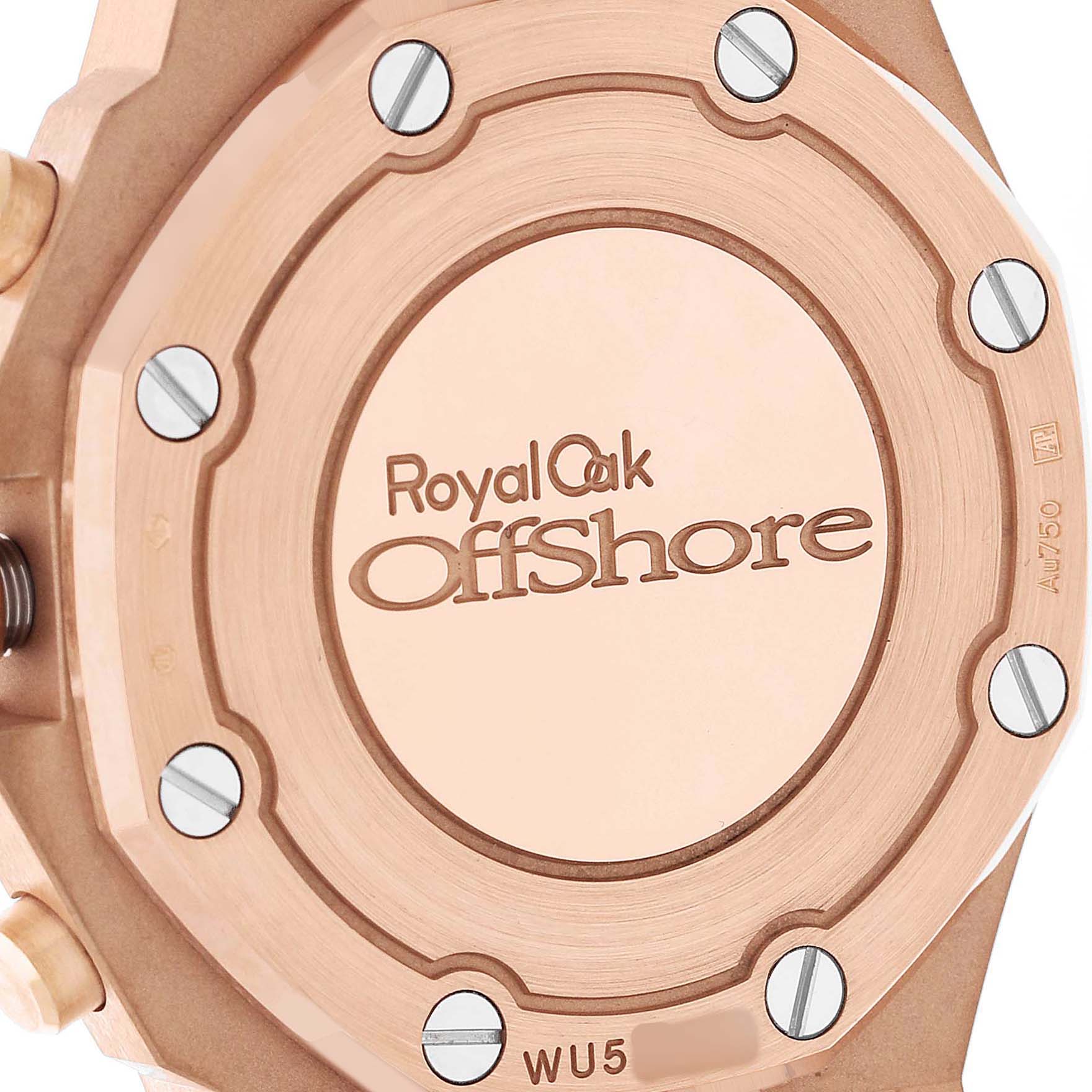 The image shows the back of the Audemars Piguet Royal Oak Offshore 26231OR Women's Rose Gold Silver Dial watch, featuring its iconic secured bezel and branding.