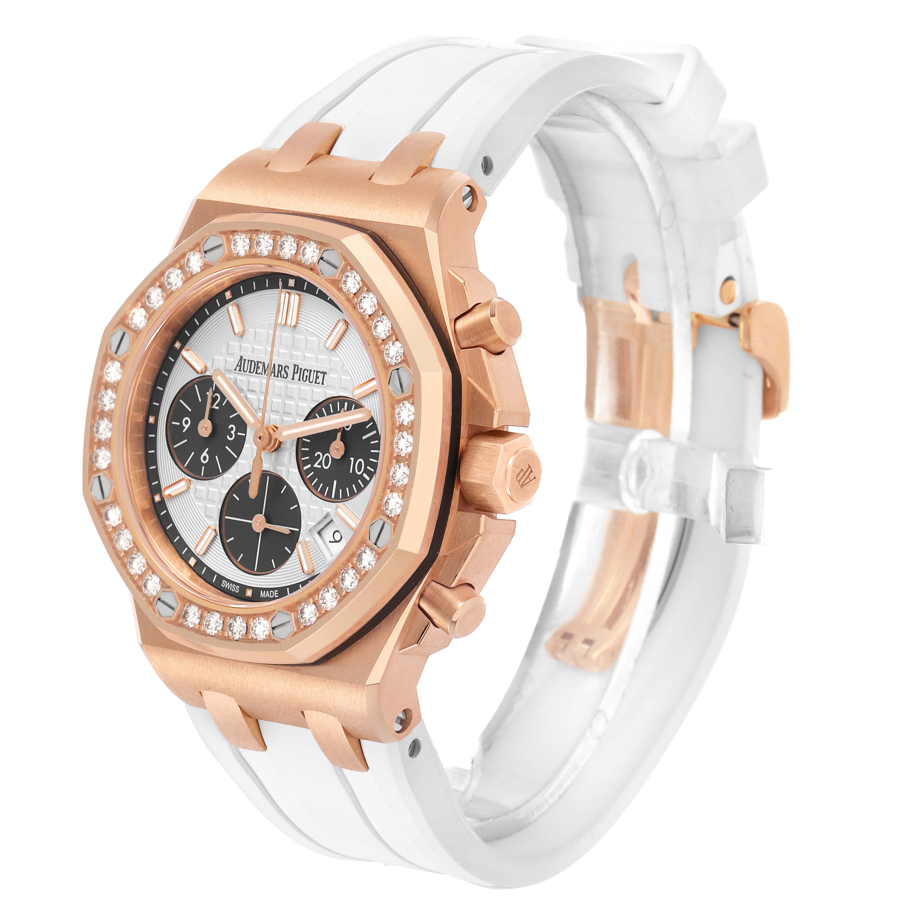 The watch is a Royal Oak Offshore model by Audemars Piguet, shown at a front-side angle displaying the bezel, dial, and strap.