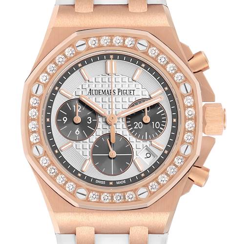 The image shows a front view of the Audemars Piguet Royal Oak Offshore 26231OR Women's Rose Gold Silver Dial, highlighting its diamond-set bezel and dial details.