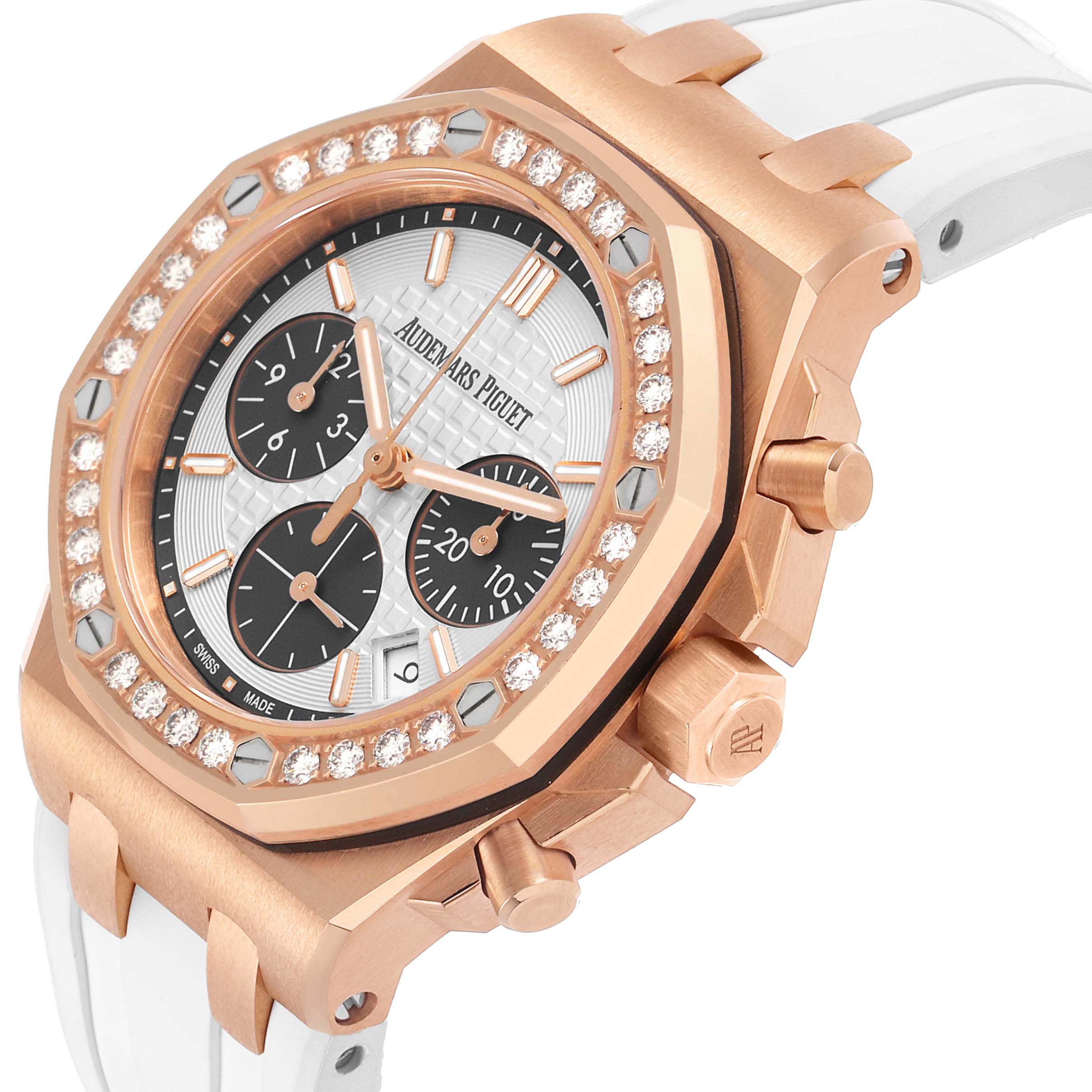 The Audemars Piguet Royal Oak Offshore 26231OR Women's Rose Gold Silver Dial is shown at a side angle, highlighting the diamond-set bezel, pushers, crown, and white strap.
