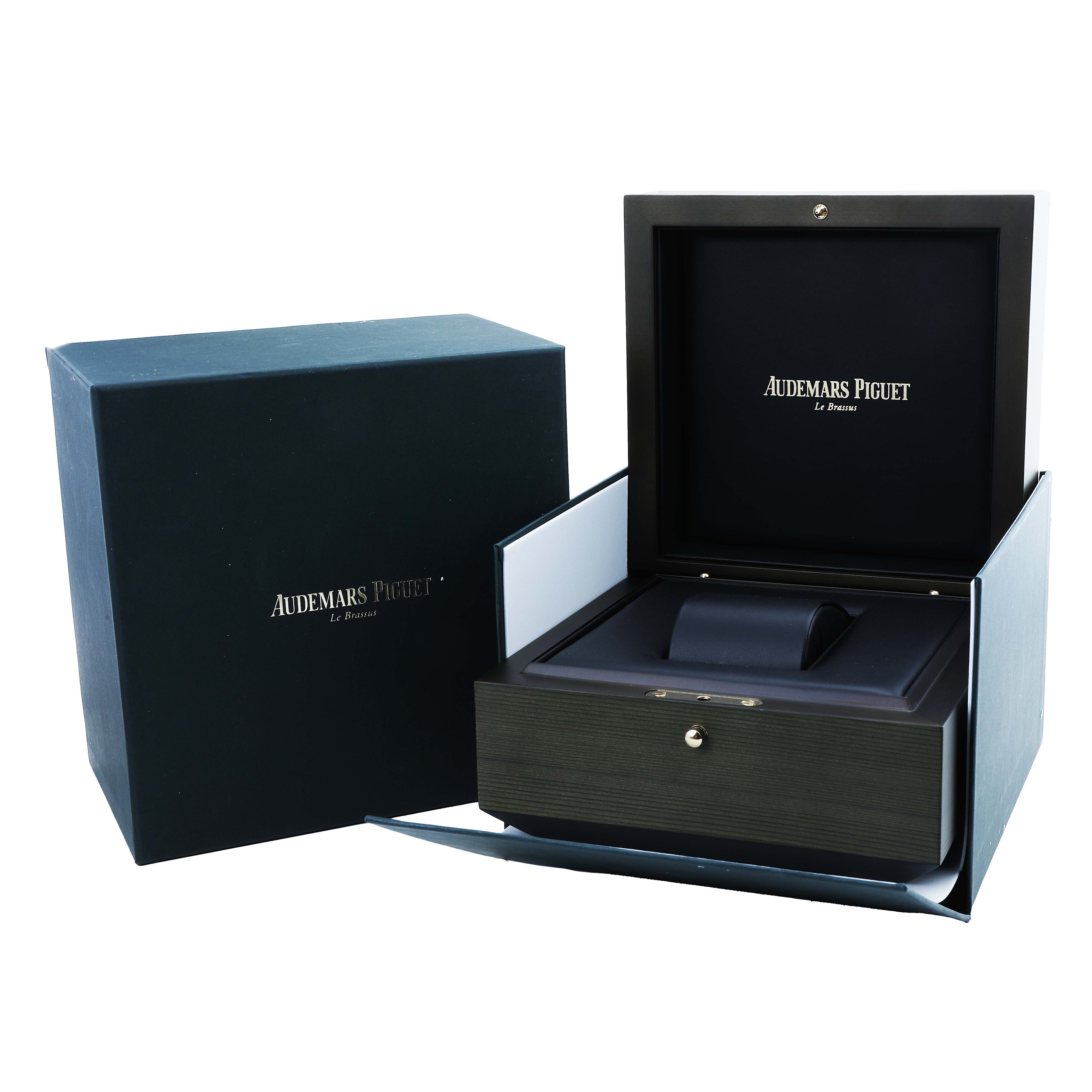 The image shows an open watch box and packaging for the Royal Oak Offshore by Audemars Piguet from a front angle.