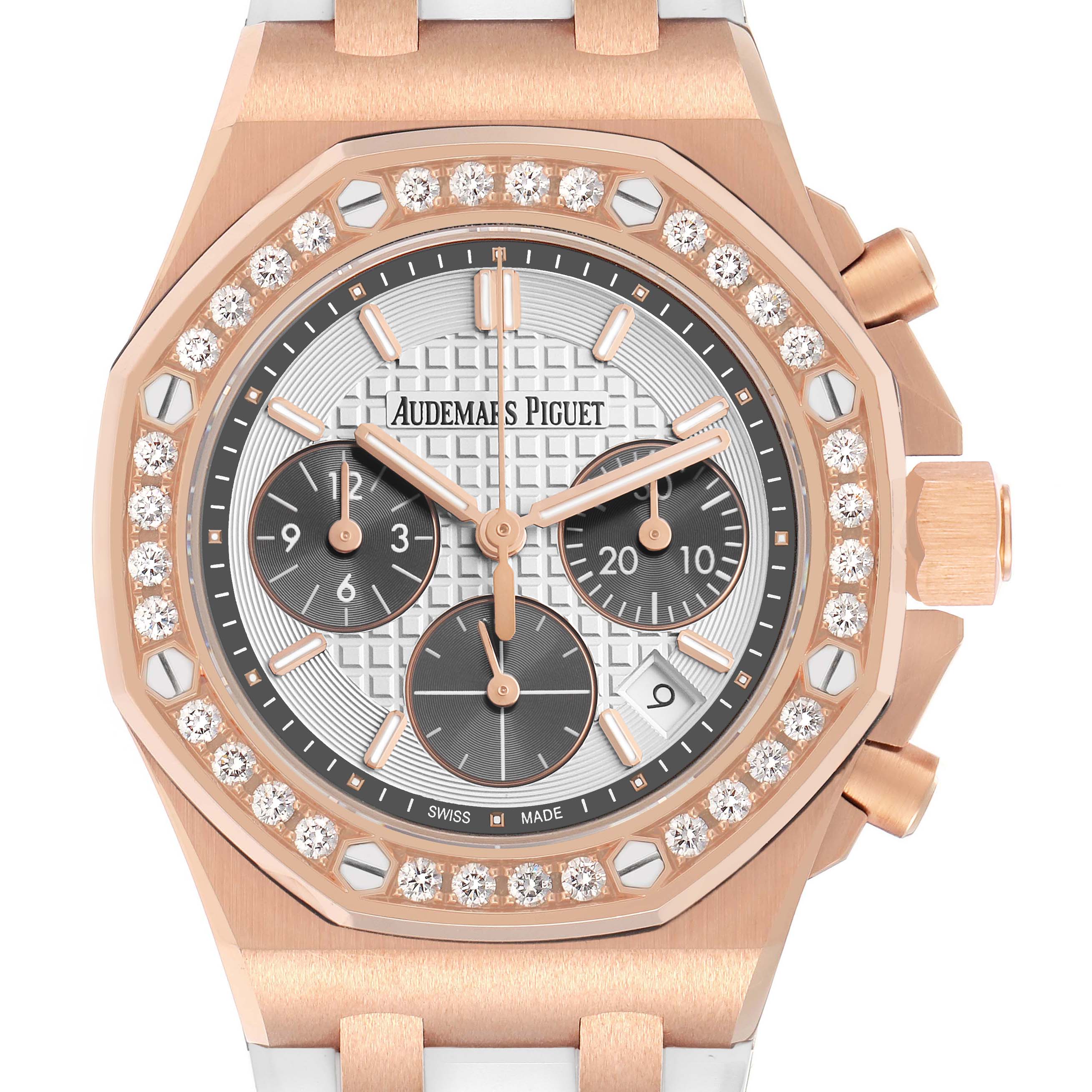The image shows a front view of the Audemars Piguet Royal Oak Offshore 26231OR Women's Rose Gold Silver Dial, highlighting the dial, bezel, and chronograph subdials.