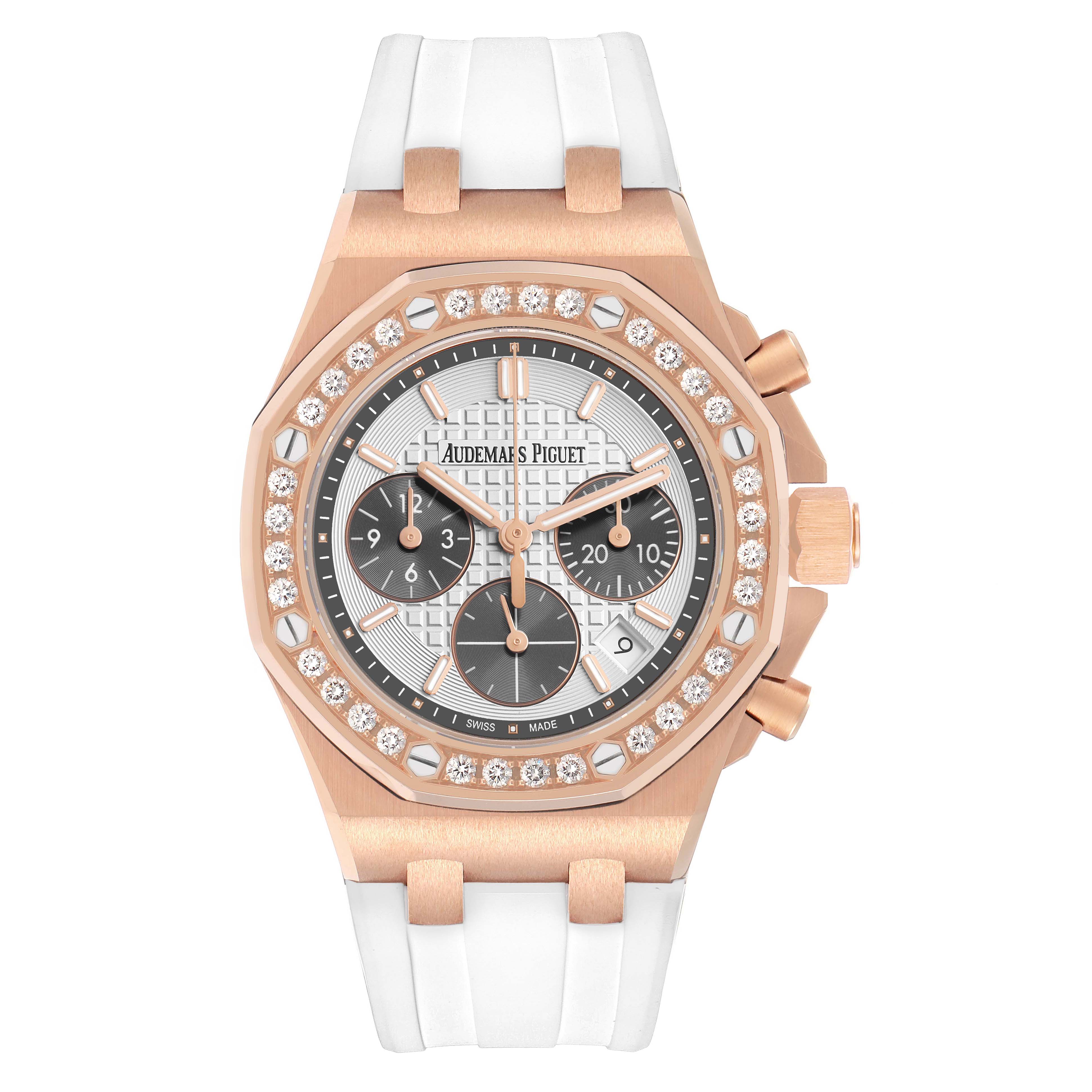 The Audemars Piguet Royal Oak Offshore 26231OR Women's Rose Gold Silver Dial is shown from the front, highlighting its bezel, dial, and strap.