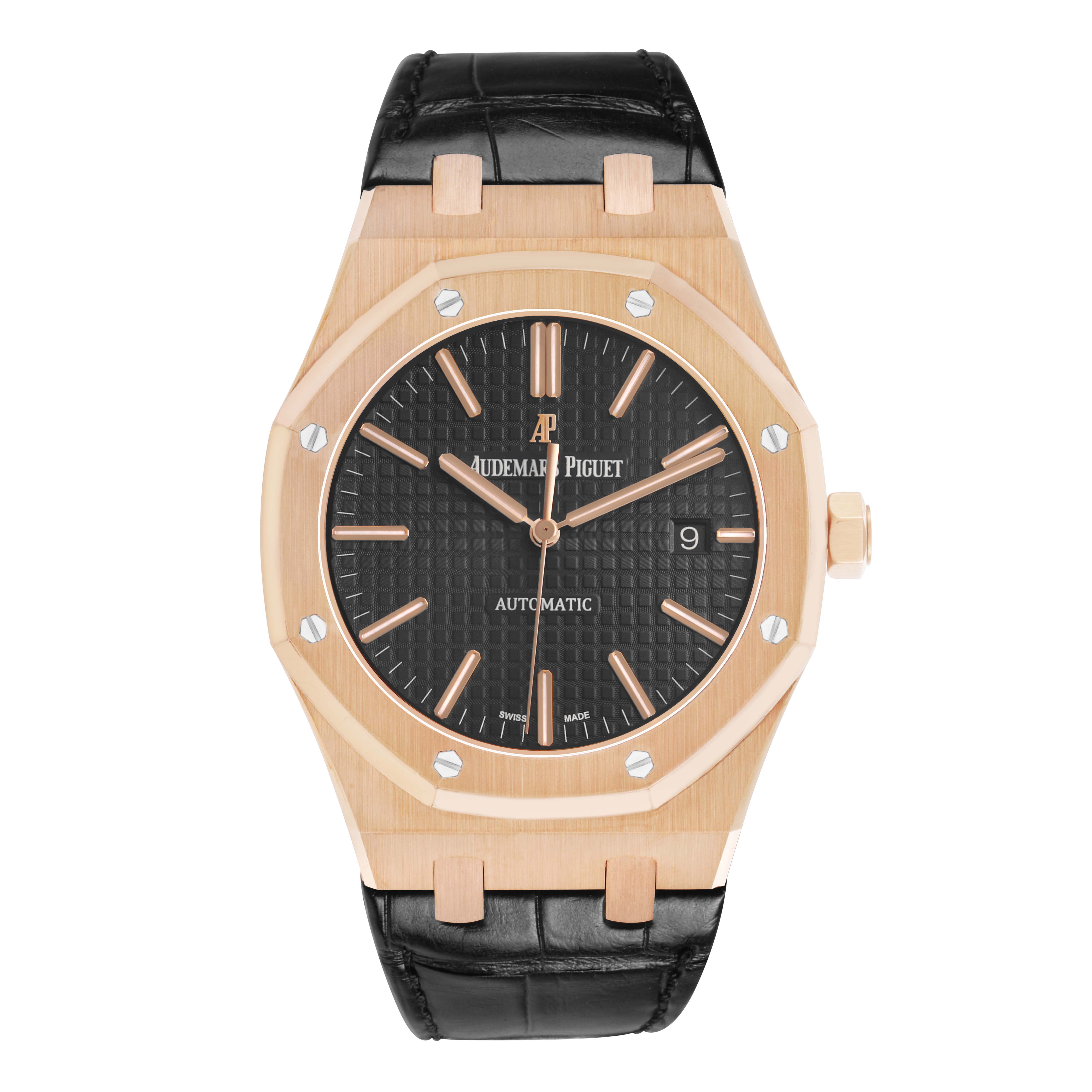 The Audemars Piguet Royal Oak 154000R.00.D0002OR.01 Men's Rose Gold Black Dial watch is shown from the front, displaying the case, dial, hands, date, and strap.