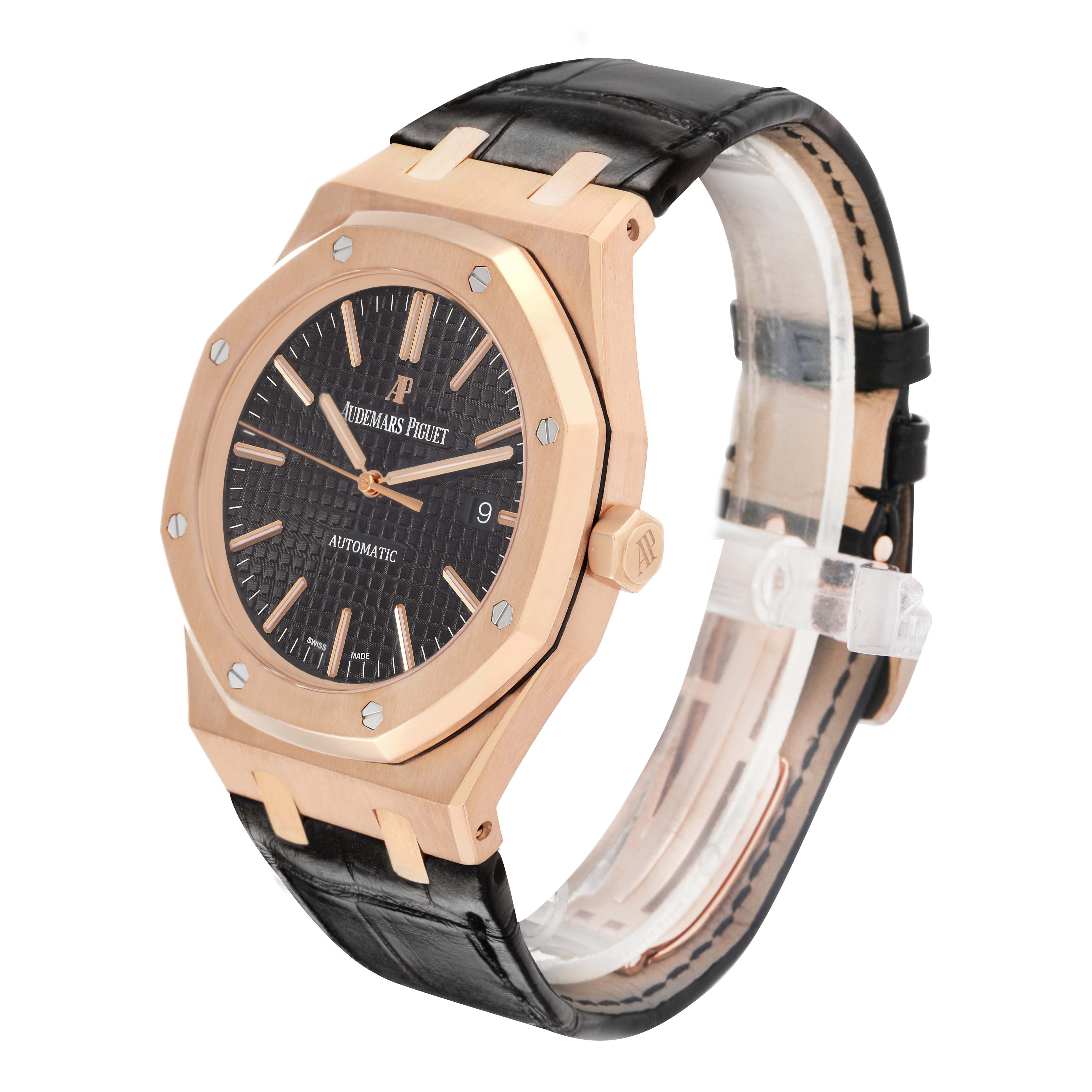 The Audemars Piguet Royal Oak 154000R.00.D0002OR.01 Men's Rose Gold Black Dial watch is shown at a three-quarter angle, displaying its bezel, dial, and leather strap.