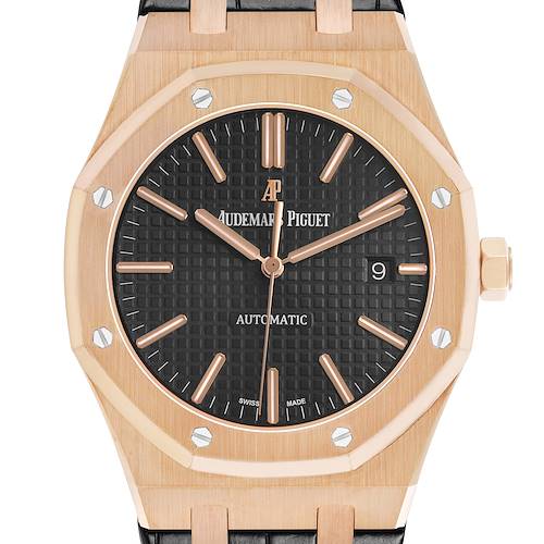 The Audemars Piguet Royal Oak 154000R.00.D0002OR.01 Men's Rose Gold Black Dial is shown from the front, displaying its octagonal bezel, dial, indices, and crown on the side.