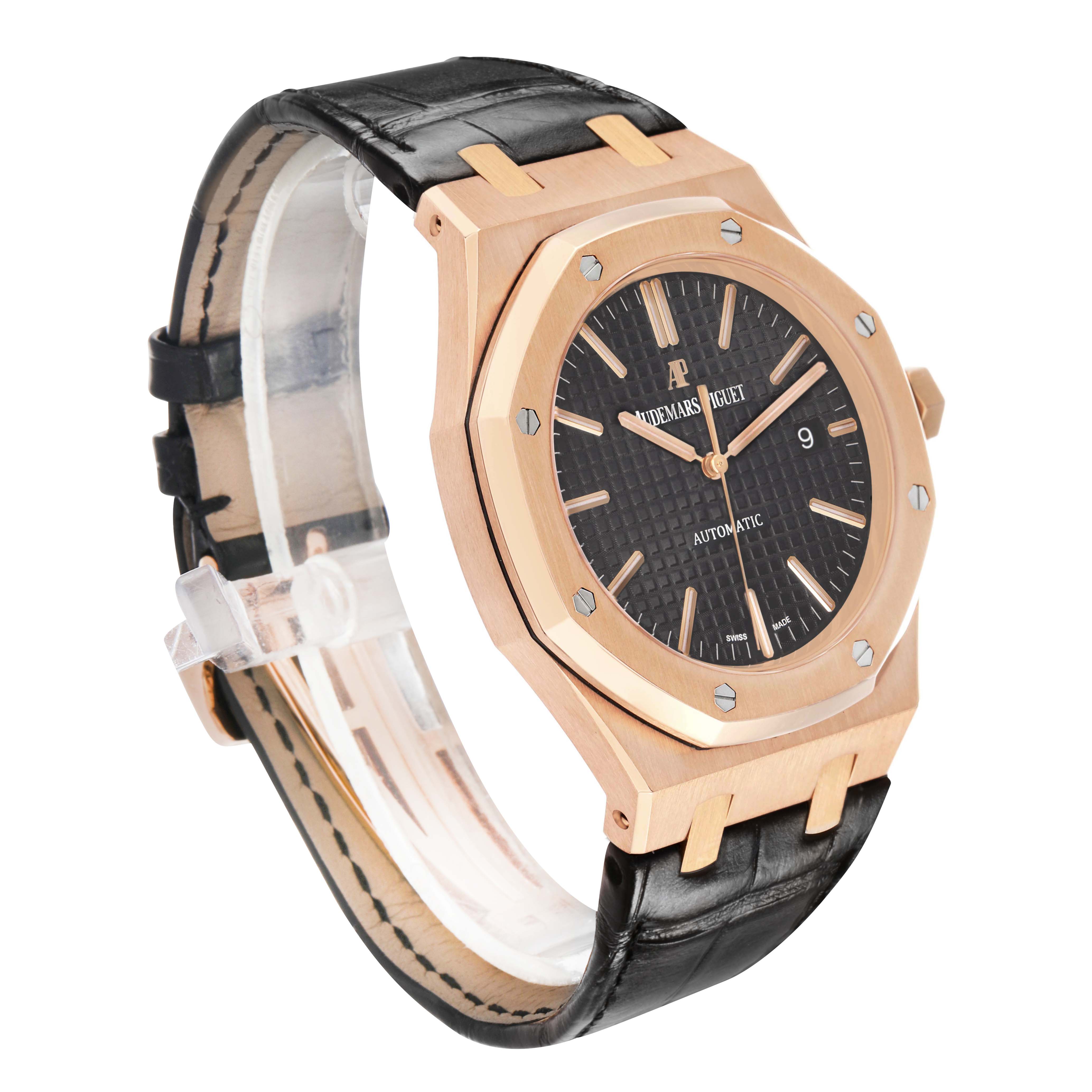 The Audemars Piguet Royal Oak 154000R.00.D0002OR.01 Men's Rose Gold Black Dial watch is shown at a three-quarter angle, displaying the face, bezel, and strap clearly.