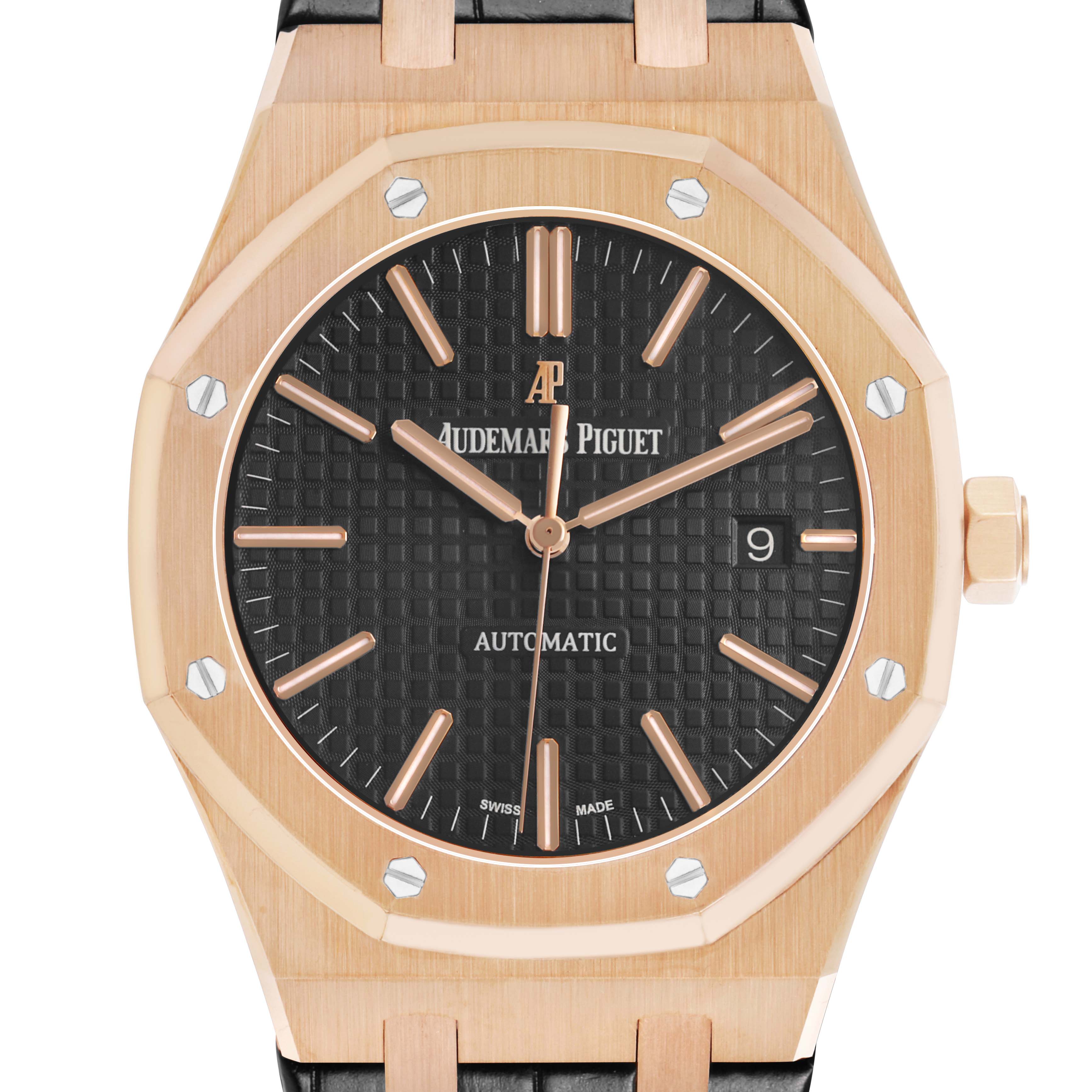 The image shows a front view of the Audemars Piguet Royal Oak 154000R.00.D0002OR.01 Men's Rose Gold Black Dial, highlighting the dial, bezel, and crown.