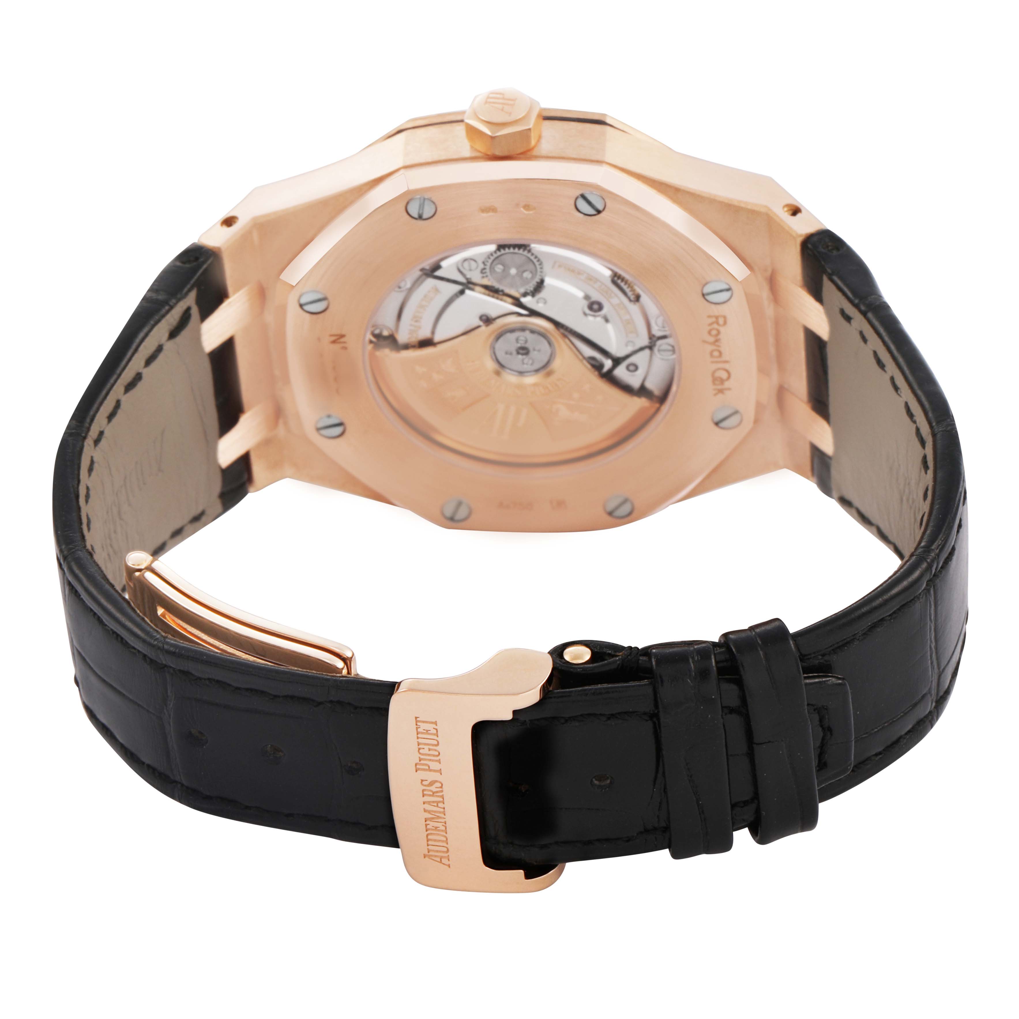 The image shows the back view of an Audemars Piguet Royal Oak 154000R.00.D0002OR.01 Men's Rose Gold Black Dial watch, highlighting its rose gold case, visible movement, and leather strap.