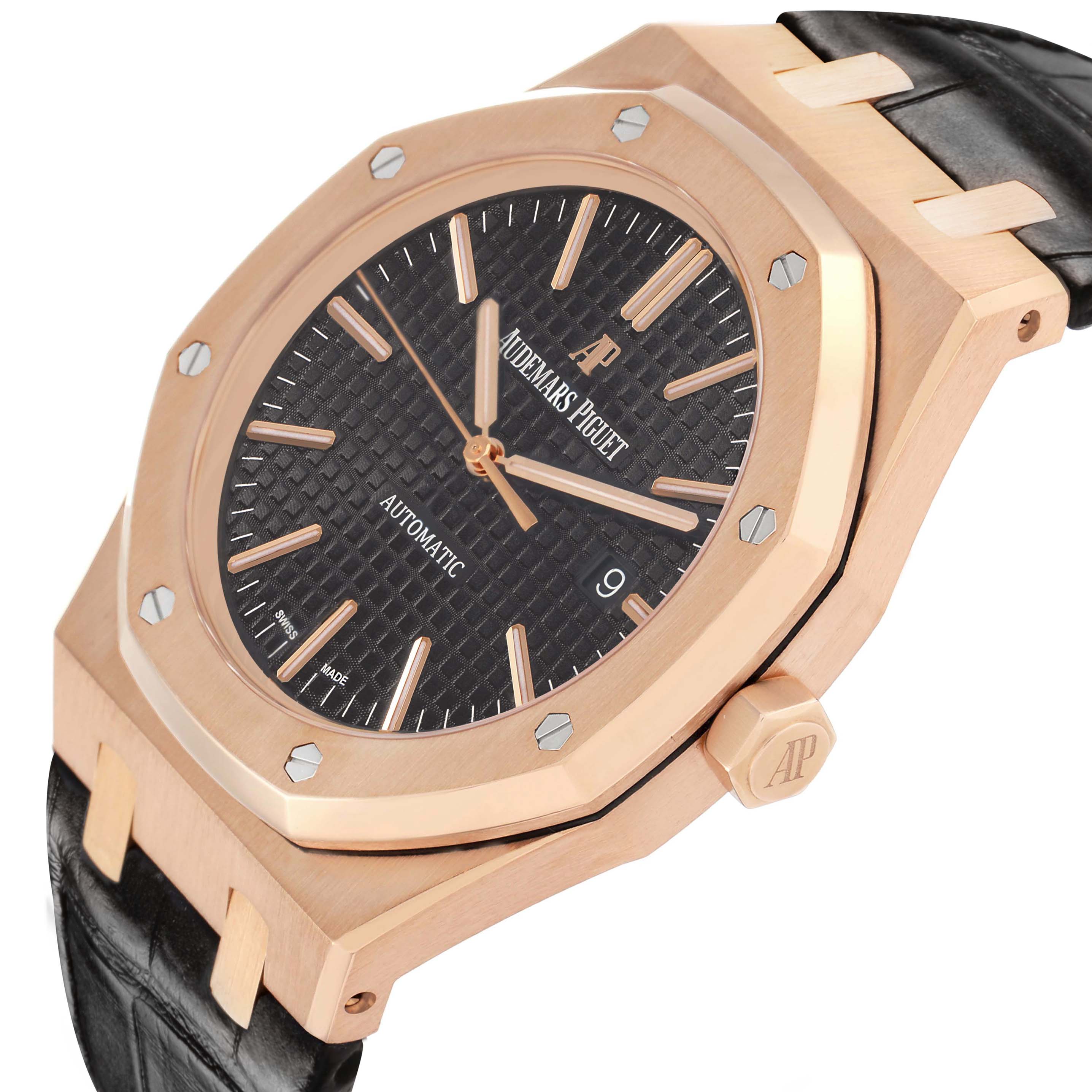 The Audemars Piguet Royal Oak 154000R.00.D0002OR.01 Men's Rose Gold Black Dial watch is shown at a slight angle, highlighting the face, bezel, crown, and part of the strap.