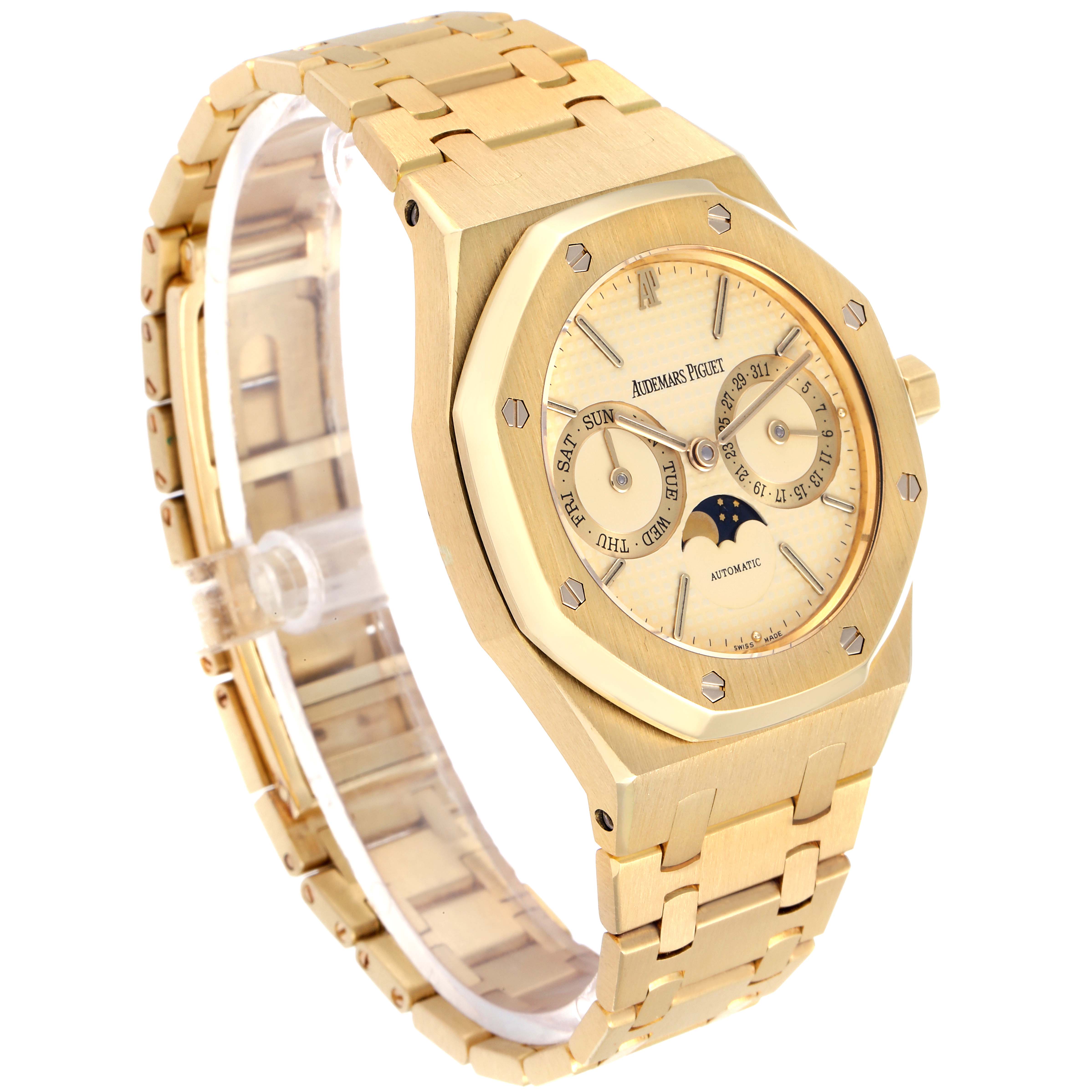 This image shows a side angle of the Audemars Piguet Royal Oak 25594BA.OO.0477BA.01 Men's Yellow Gold Champagne Dial 25594BA.OO.0477BA.01 Men's Yellow Gold Champagne Dial model, highlighting the face, bezel, and bracelet.