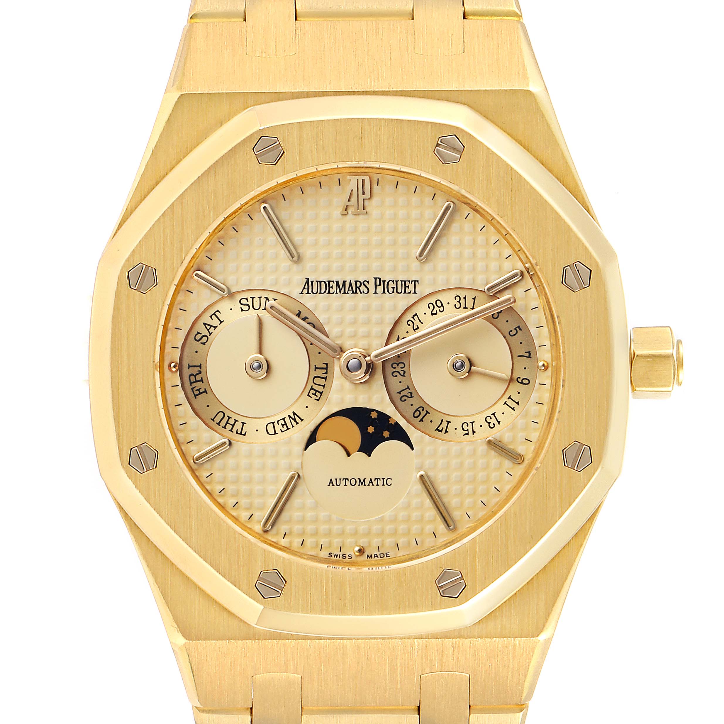 This image shows a front view of an Audemars Piguet Royal Oak 25594BA.OO.0477BA.01 Men's Yellow Gold Champagne Dial 25594BA.OO.0477BA.01 Men's Yellow Gold Champagne Dial watch, displaying the dial, hands, subdials, and case.